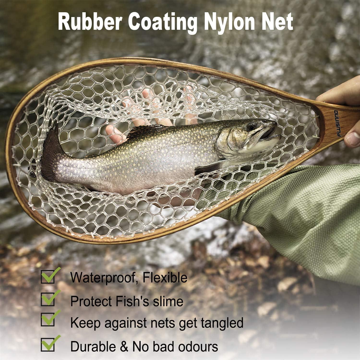 image:imagePLUSINNO Fly Fishing Net Wooden Frame Fishing Landing Net with Magnetic Release Soft Rubber Mesh Net for Trout Bass Catch and Release Magnetic Fly Fishing GearStraight Handle