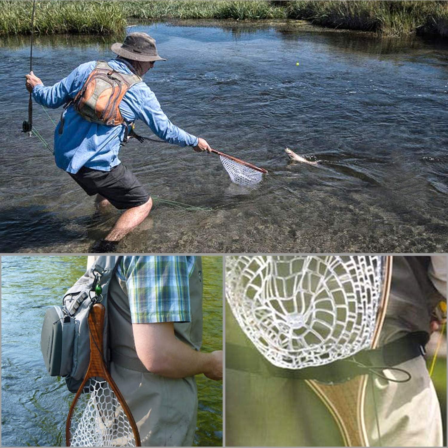 image:imagePLUSINNO Fly Fishing Net Wooden Frame Fishing Landing Net with Magnetic Release Soft Rubber Mesh Net for Trout Bass Catch and Release Magnetic Fly Fishing GearStraight Handle