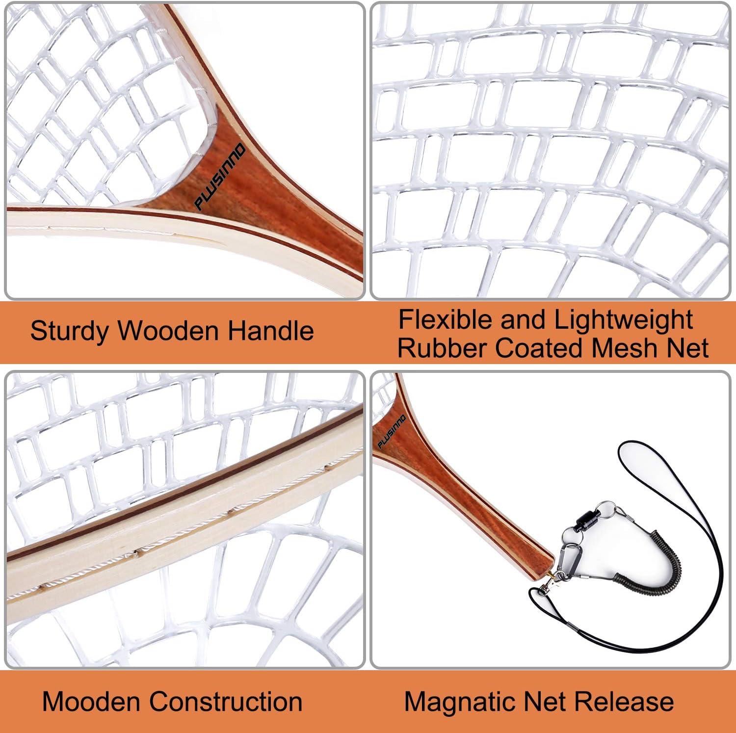 image:imagePLUSINNO Fly Fishing Net Wooden Frame Fishing Landing Net with Magnetic Release Soft Rubber Mesh Net for Trout Bass Catch and Release Magnetic Fly Fishing GearStraight Handle