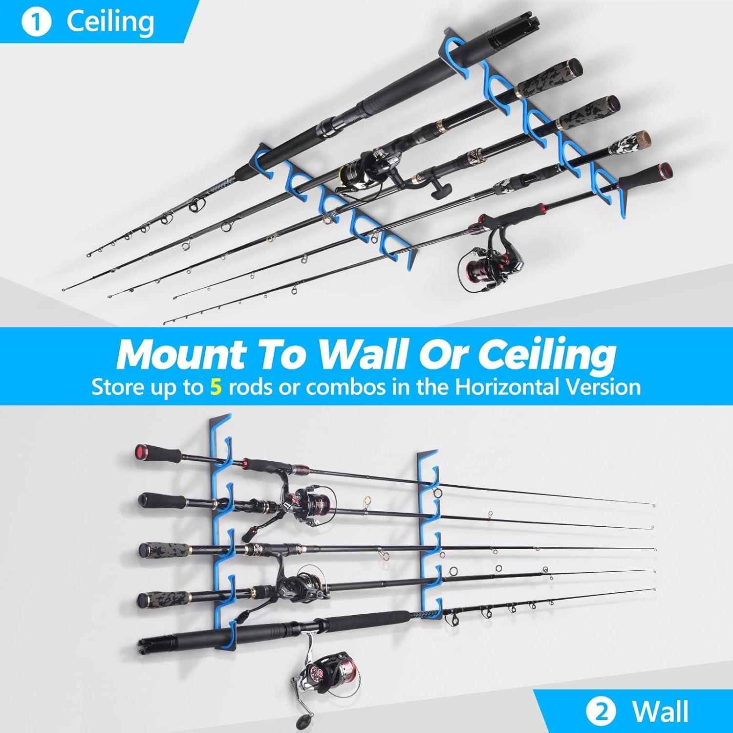 image:imagePLUSINNO H5 Horizontal Fishing RodPole Holders for Garage Wall or Ceiling Mounted Fishing Rod Rack Aviation Aluminum Fishing Holder Holds up to 51020 Rod or Combos Fishing Gear and Gifts for MenBlue 1packstore 5 fishing rods or combos