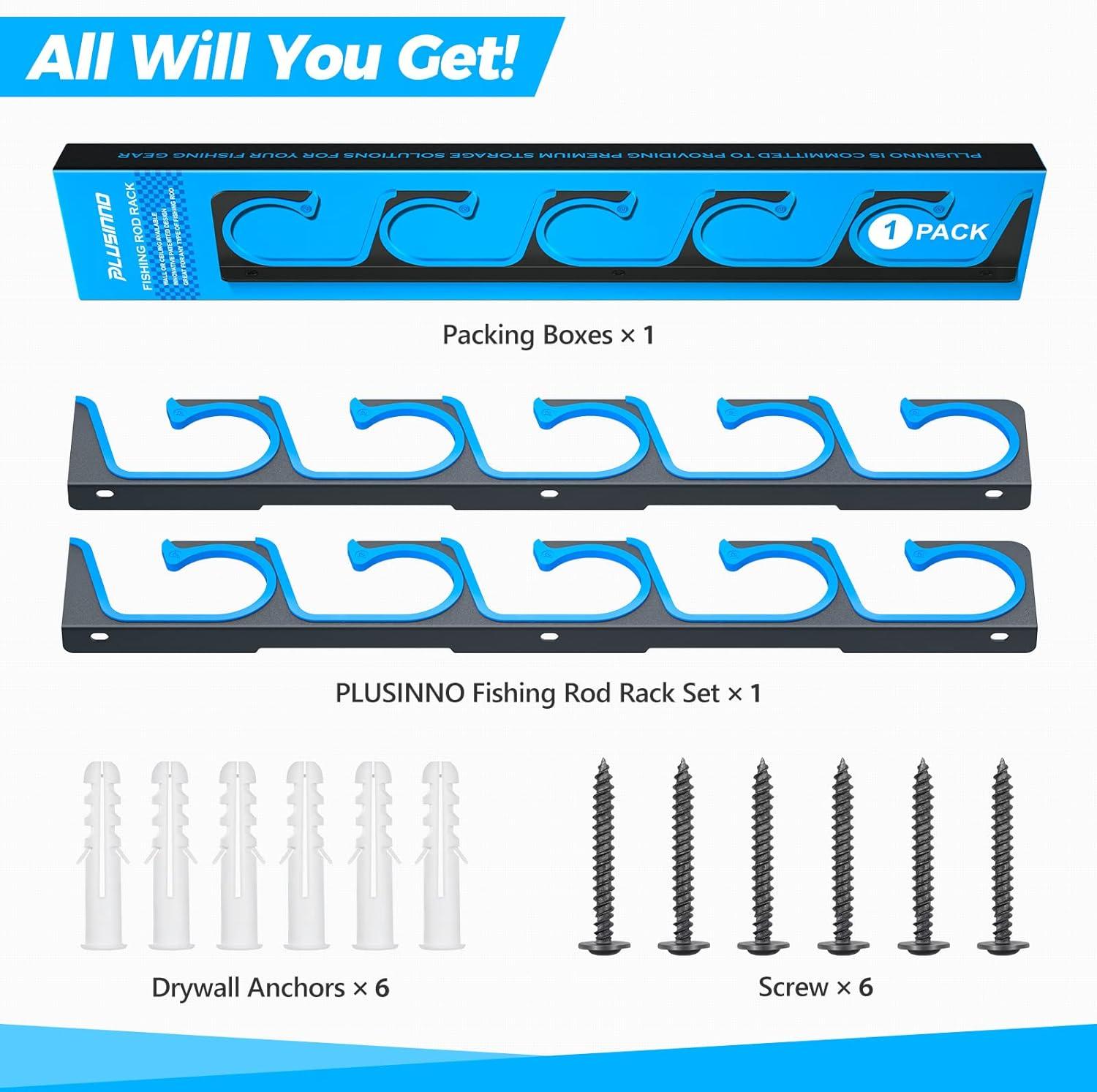 image:imagePLUSINNO H5 Horizontal Fishing RodPole Holders for Garage Wall or Ceiling Mounted Fishing Rod Rack Aviation Aluminum Fishing Holder Holds up to 51020 Rod or Combos Fishing Gear and Gifts for MenBlue 1packstore 5 fishing rods or combos