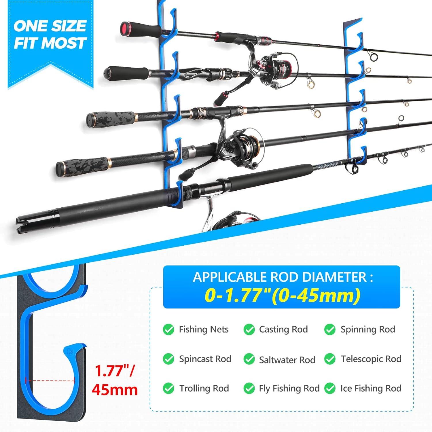 image:imagePLUSINNO H5 Horizontal Fishing RodPole Holders for Garage Wall or Ceiling Mounted Fishing Rod Rack Aviation Aluminum Fishing Holder Holds up to 51020 Rod or Combos Fishing Gear and Gifts for MenBlue 1packstore 5 fishing rods or combos