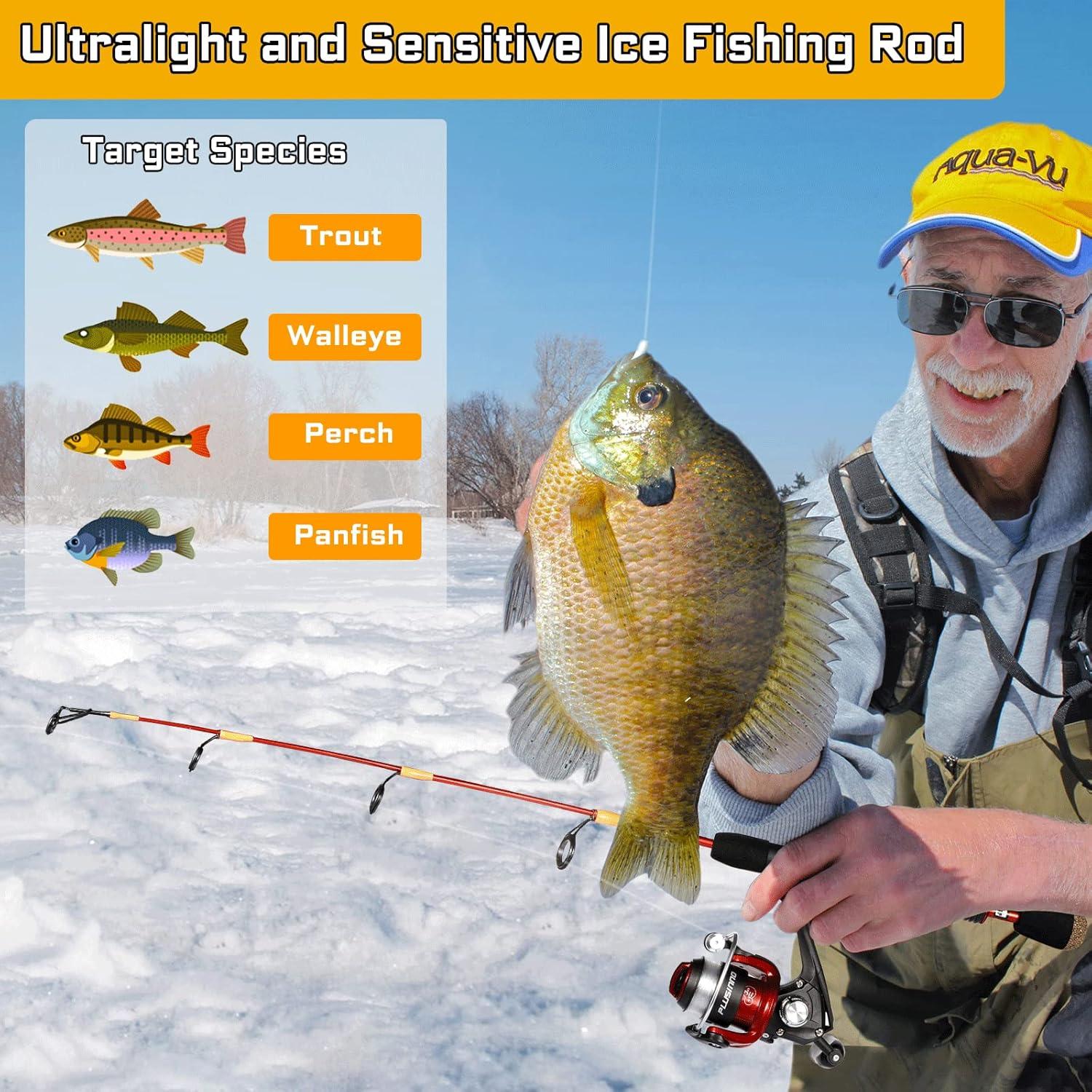 image:imagePLUSINNO Ice Fishing Rod Ultralight and Sensitive Ice Fishing Rod and Reel Combo 262728 for Trout Walleye Perch Panfish Bluegill CrappieIce Rod Combo with Lures