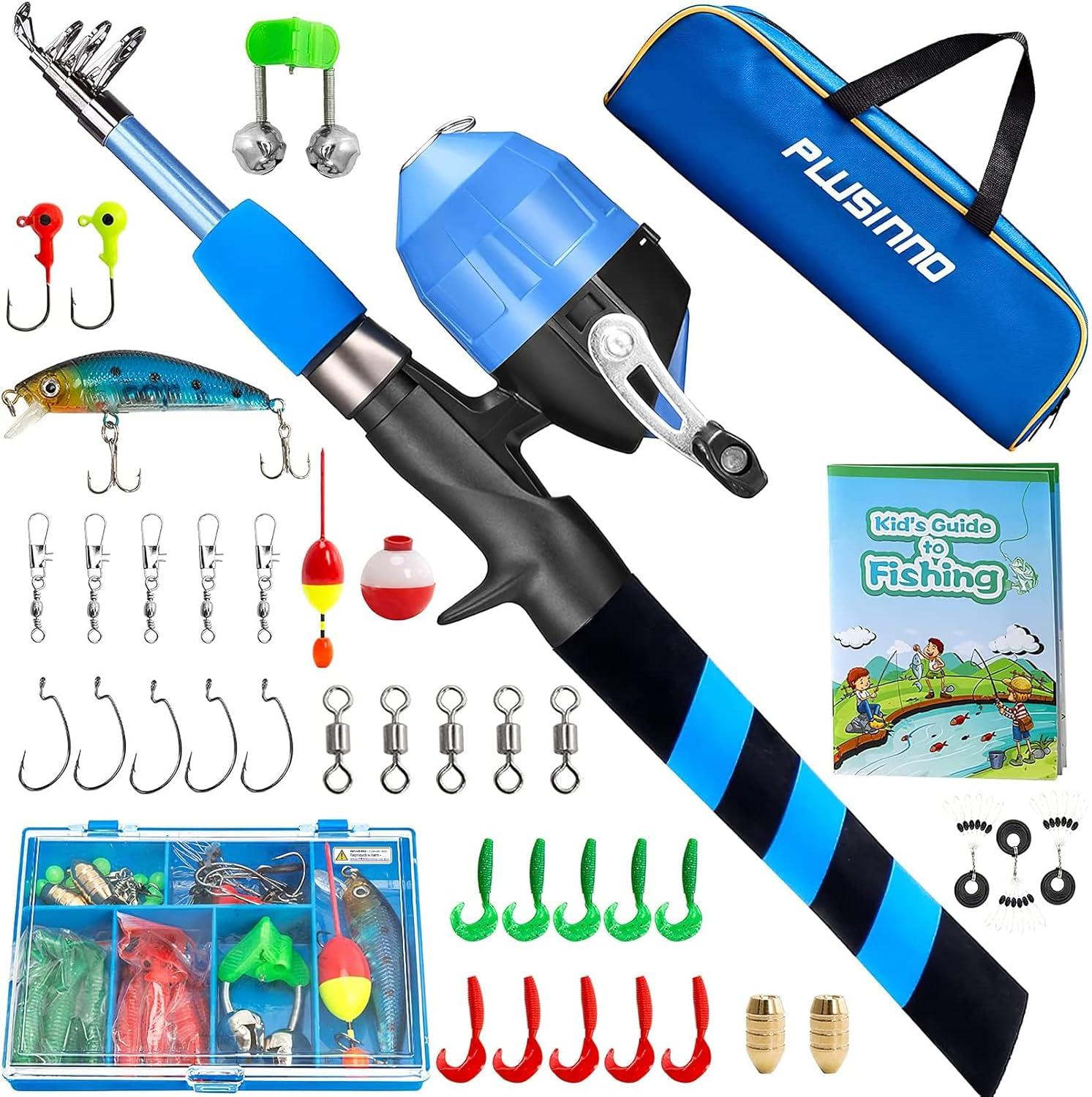 image:imagePLUSINNO Kids Fishing Pole Portable Telescopic Fishing Rod and Reel Combo Kit with Spincast Fishing Reel Tackle Box for Boys Girls YouthBLUE