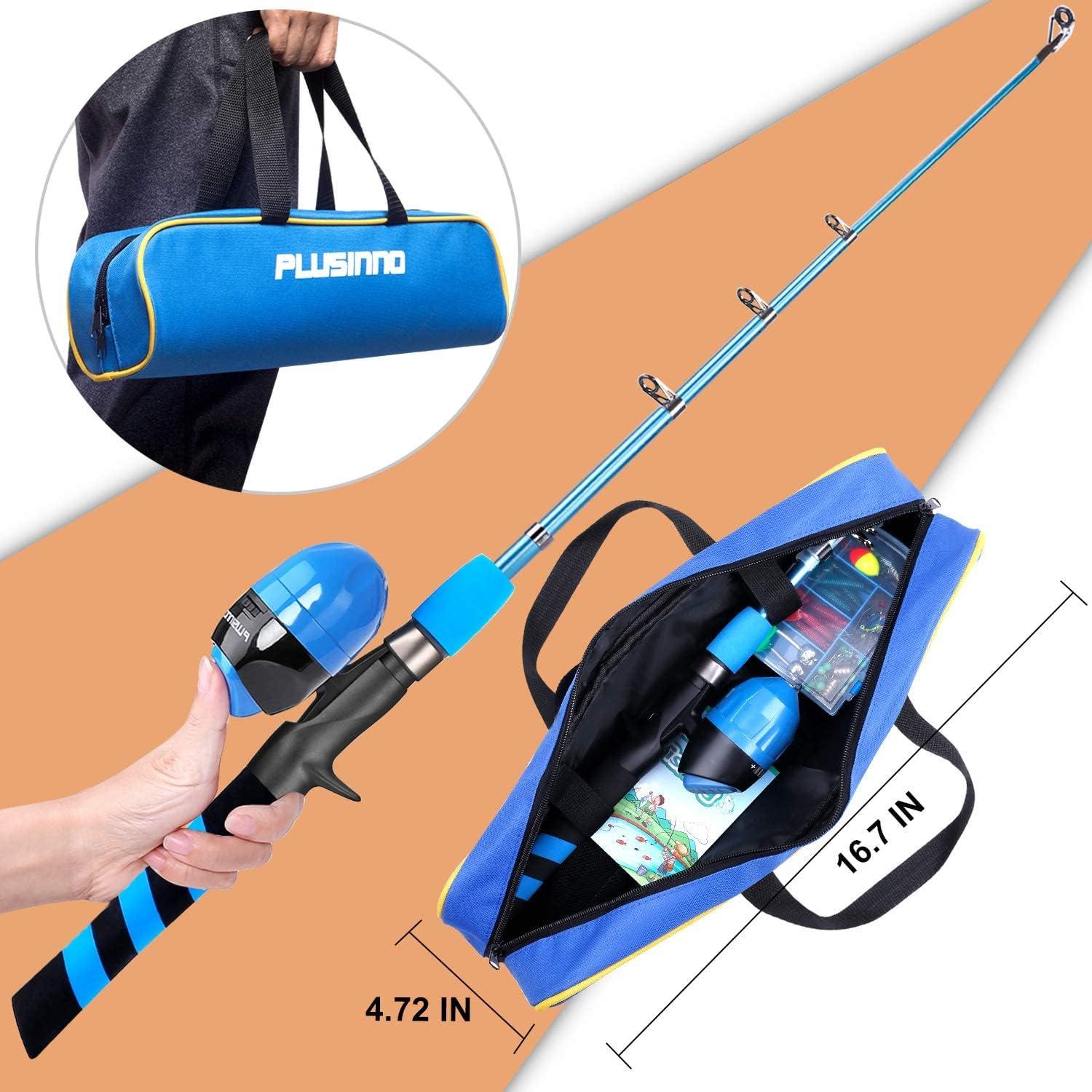 image:imagePLUSINNO Kids Fishing Pole Portable Telescopic Fishing Rod and Reel Combo Kit with Spincast Fishing Reel Tackle Box for Boys Girls YouthBLUE