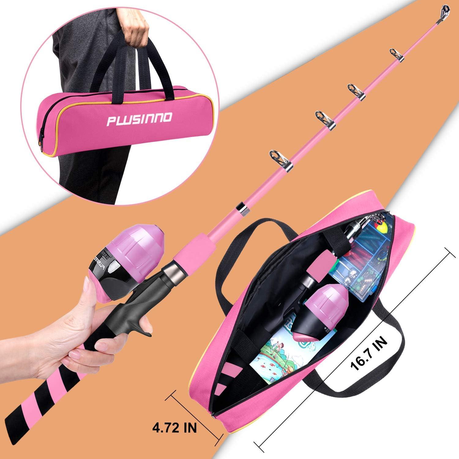image:imagePLUSINNO Kids Fishing Pole Portable Telescopic Fishing Rod and Reel Combo Kit with Spincast Fishing Reel Tackle Box for Boys Girls YouthPink