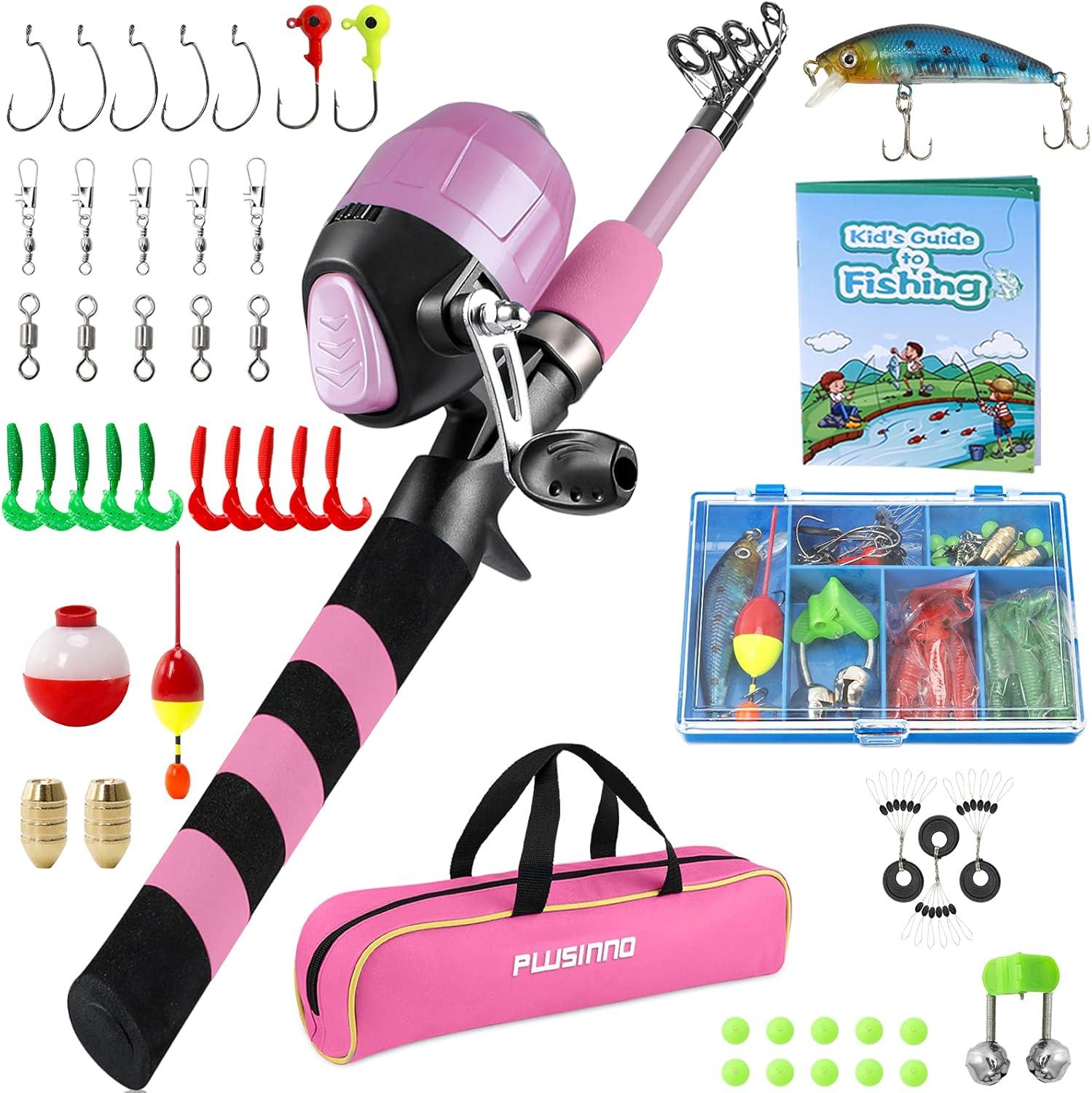 image:imagePLUSINNO Kids Fishing Pole Portable Telescopic Fishing Rod and Reel Combo Kit with Spincast Fishing Reel Tackle Box for Boys Girls YouthPink