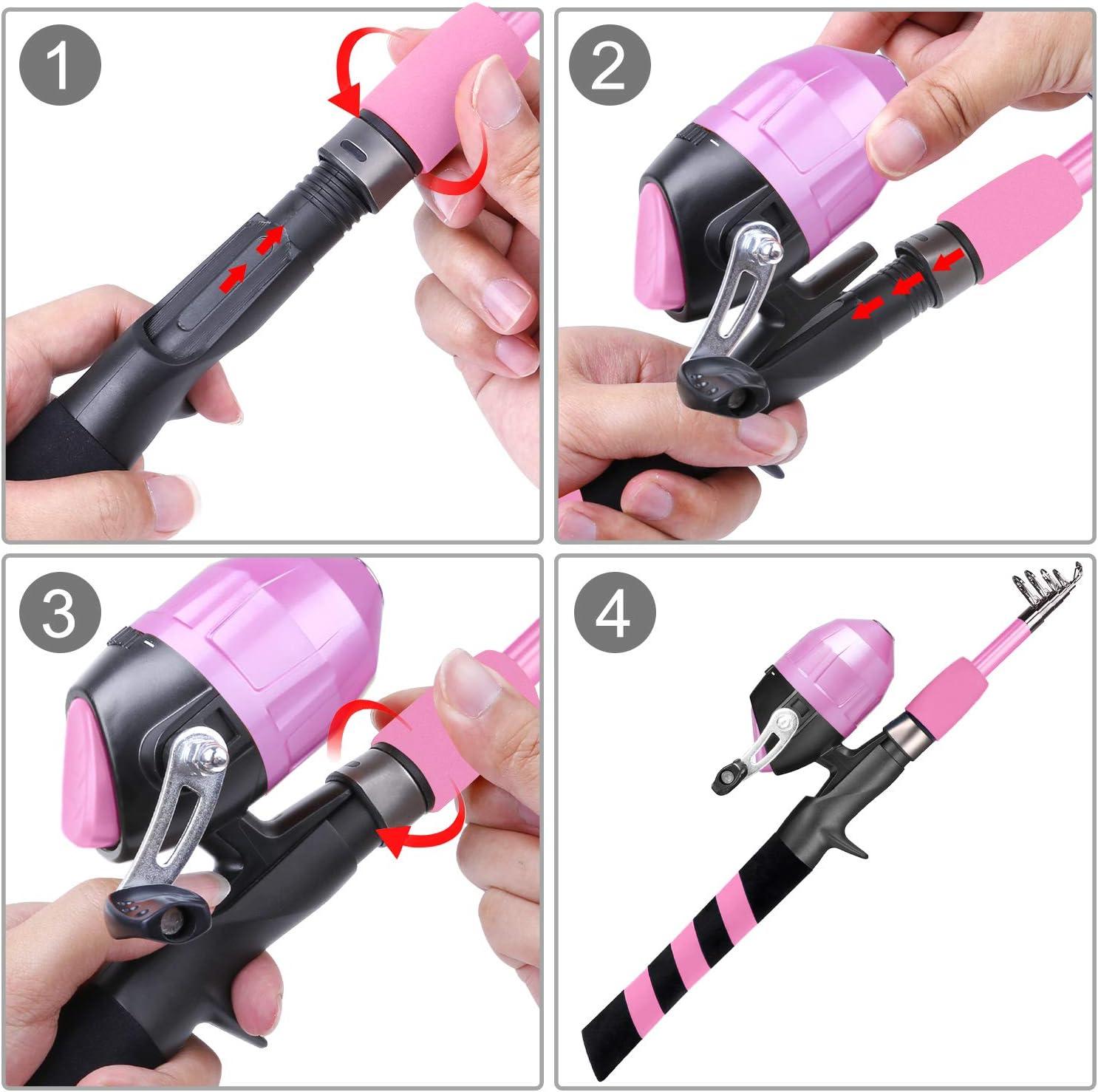 image:imagePLUSINNO Kids Fishing Pole Portable Telescopic Fishing Rod and Reel Combo Kit with Spincast Fishing Reel Tackle Box for Boys Girls YouthPink