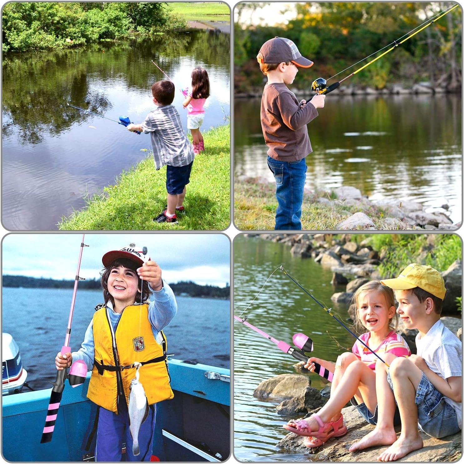 image:imagePLUSINNO Kids Fishing Pole Portable Telescopic Fishing Rod and Reel Combo Kit with Spincast Fishing Reel Tackle Box for Boys Girls YouthPink