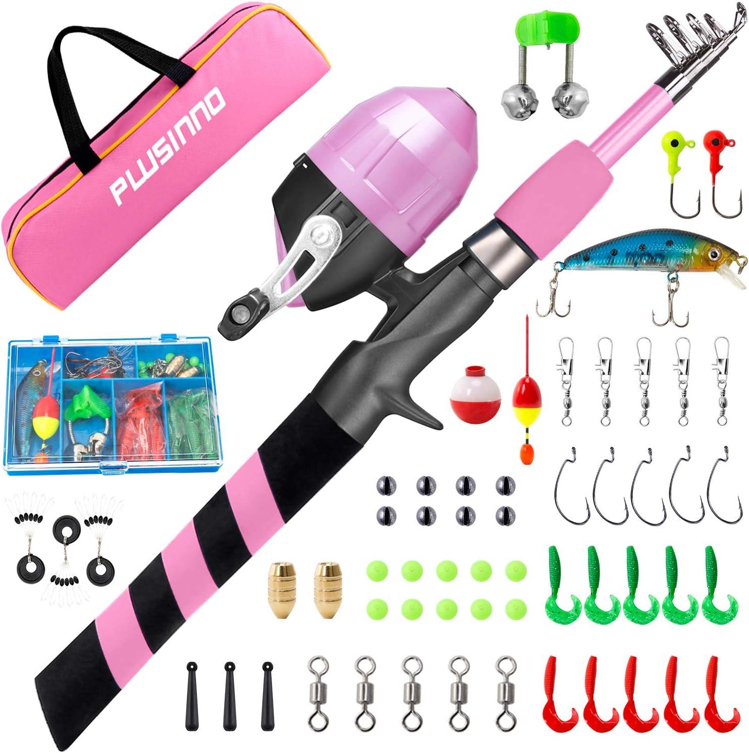 image:imagePLUSINNO Kids Fishing Pole Portable Telescopic Fishing Rod and Reel Combo Kit with Spincast Fishing Reel Tackle Box for Boys Girls YouthPink