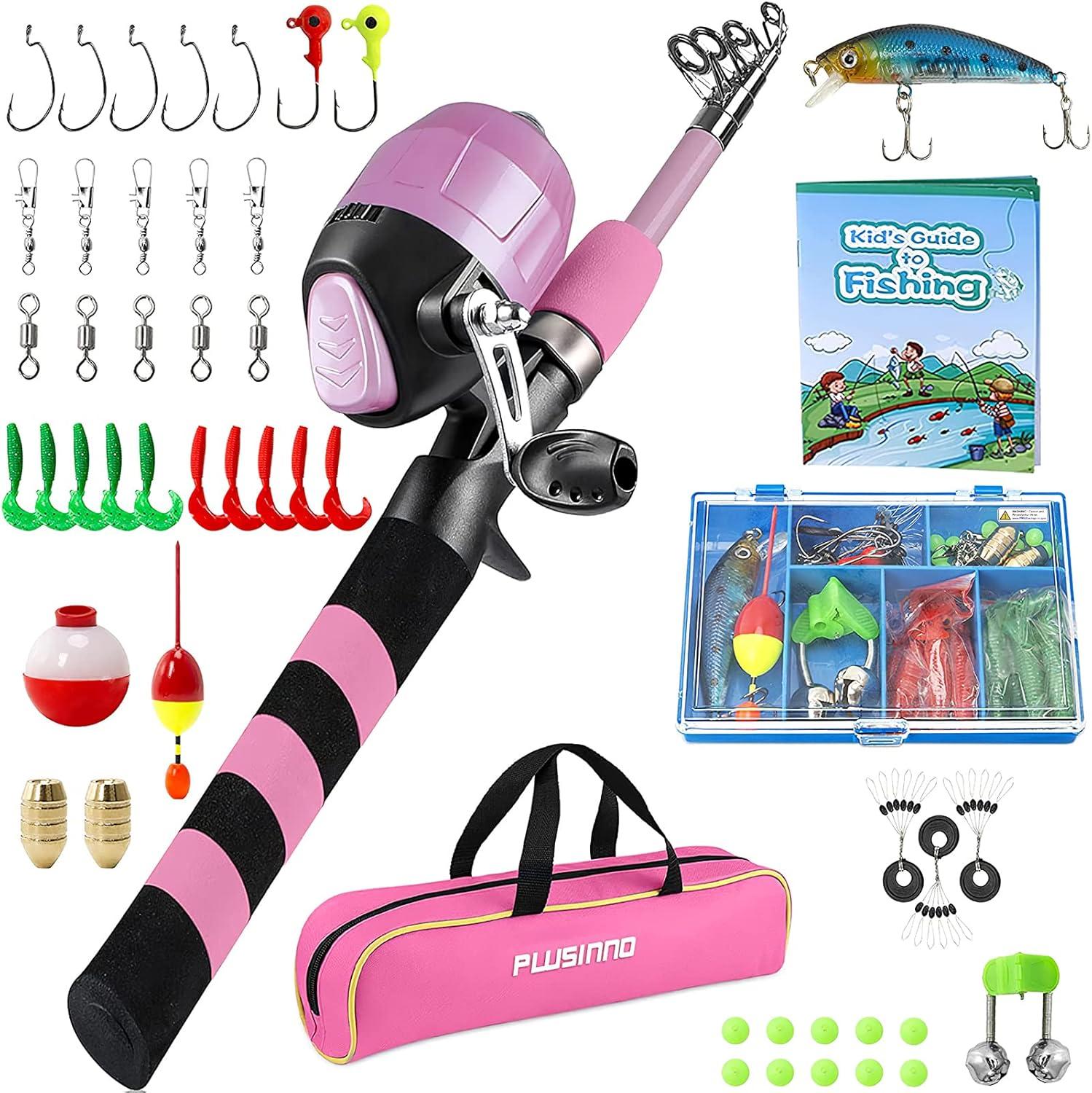 image:imagePLUSINNO Kids Fishing Pole Portable Telescopic Fishing Rod and Reel Combo Kit with Spincast Fishing Reel Tackle Box for Boys Girls YouthPink
