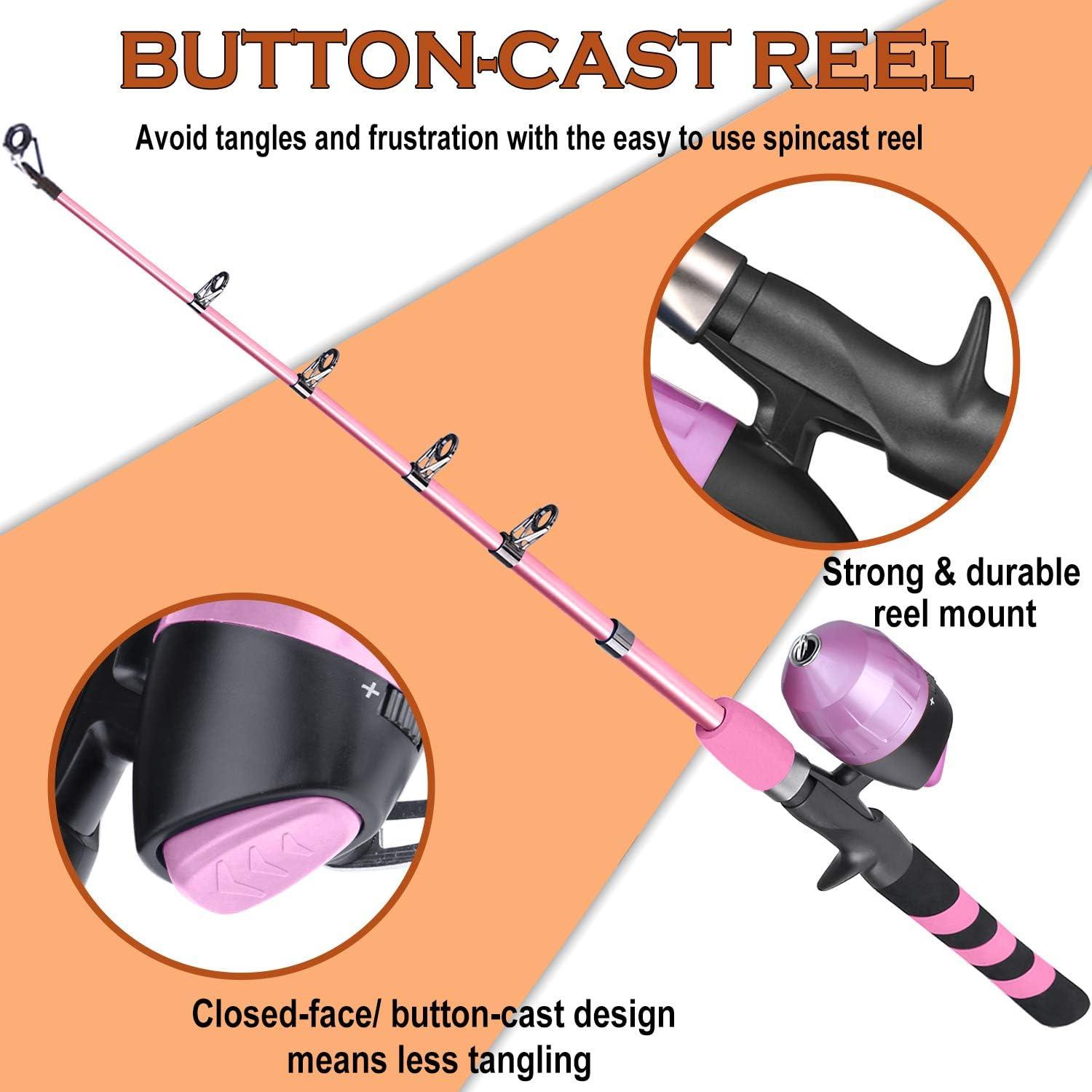 image:imagePLUSINNO Kids Fishing Pole Portable Telescopic Fishing Rod and Reel Combo Kit with Spincast Fishing Reel Tackle Box for Boys Girls YouthPink