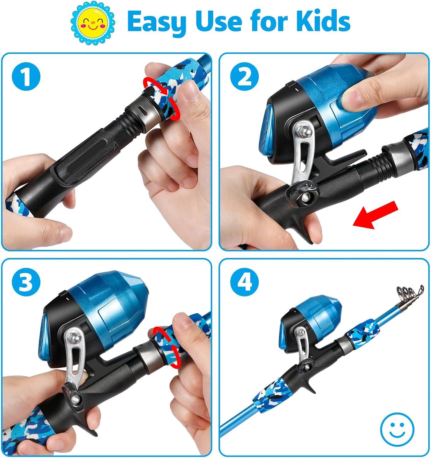image:imagePLUSINNO Kids Fishing Pole with Spincast Reel Telescopic Fishing Rod Combo Full Kits for Boys Girls and AdultsBlue