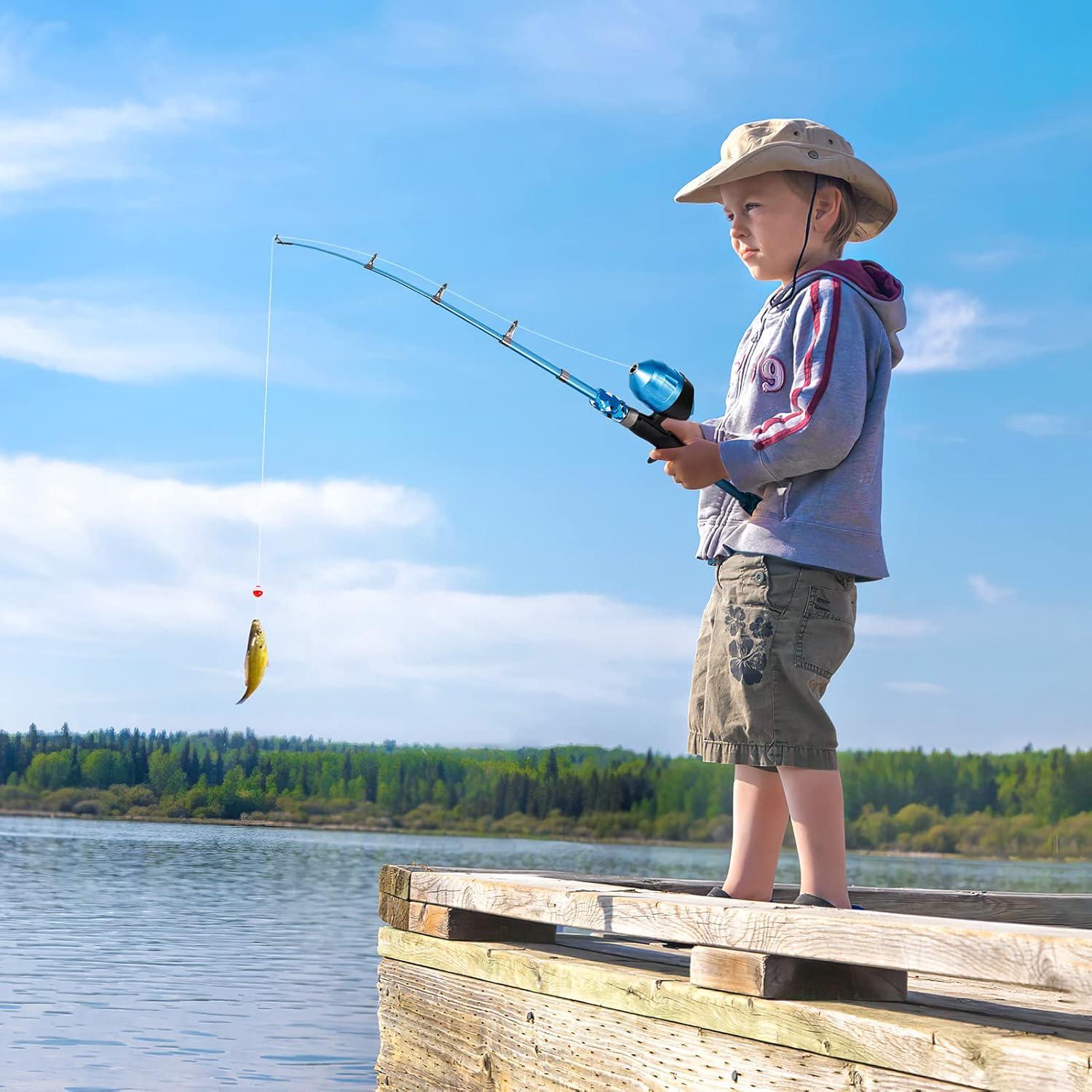 image:imagePLUSINNO Kids Fishing Pole with Spincast Reel Telescopic Fishing Rod Combo Full Kits for Boys Girls and AdultsBlue