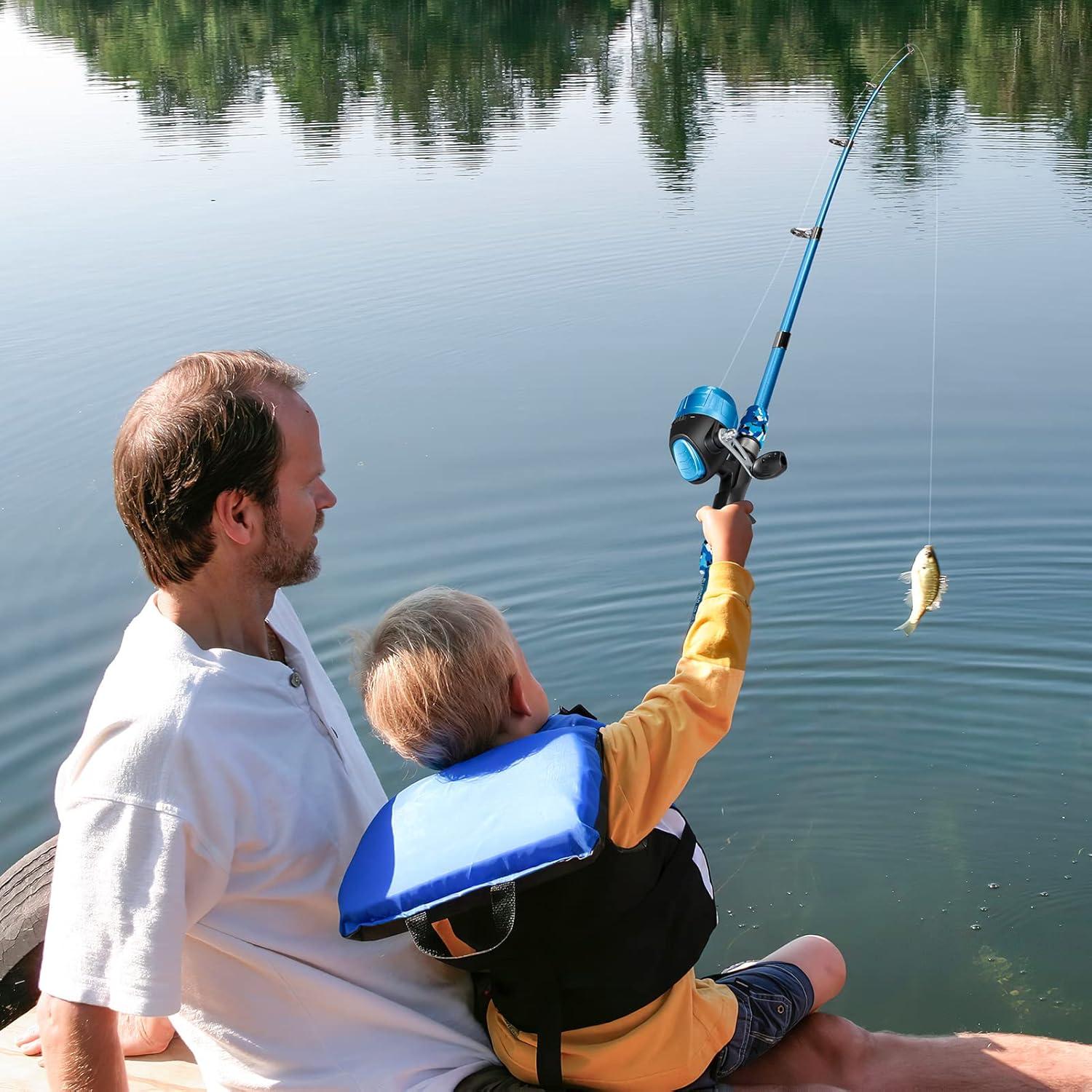 image:imagePLUSINNO Kids Fishing Pole with Spincast Reel Telescopic Fishing Rod Combo Full Kits for Boys Girls and AdultsBlue