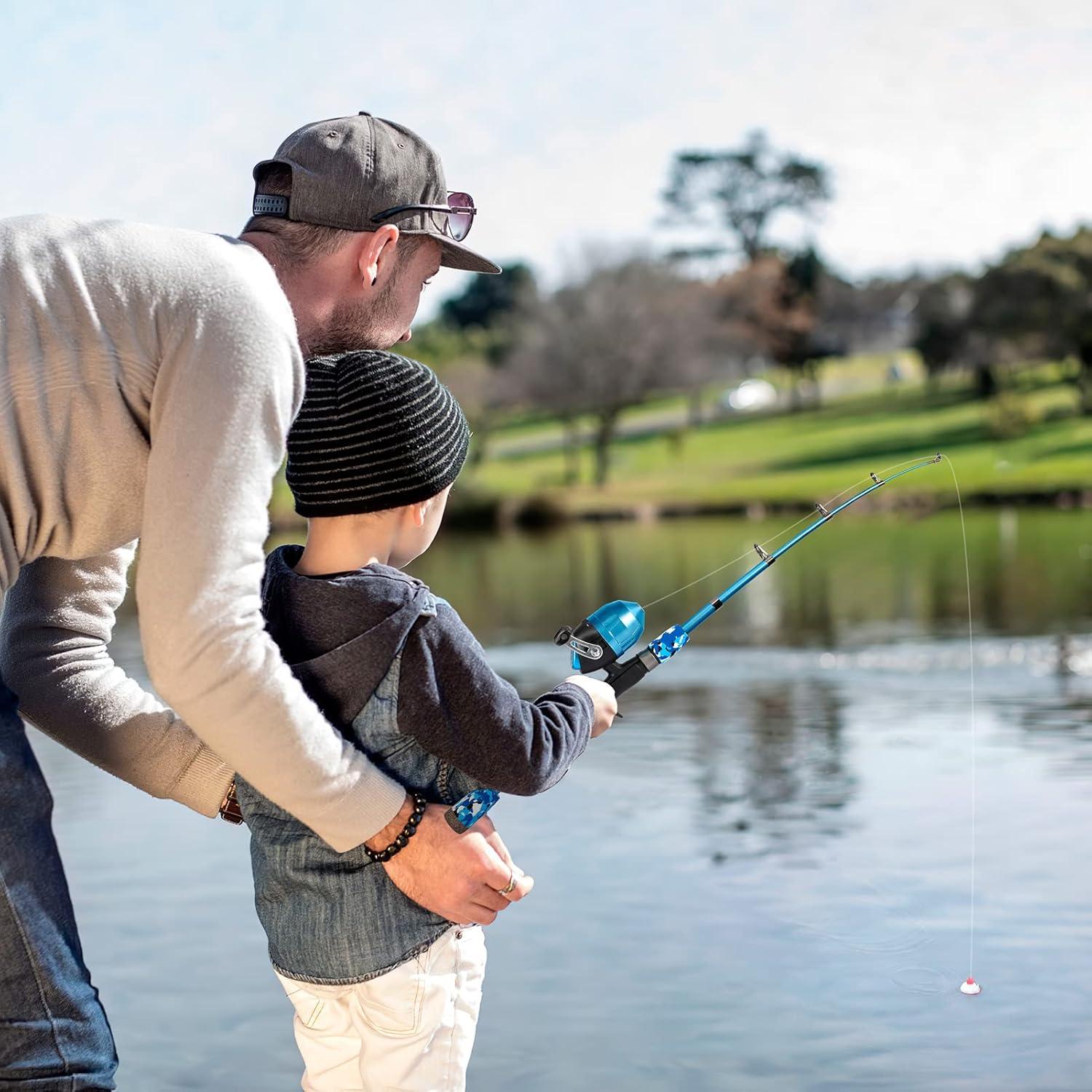 image:imagePLUSINNO Kids Fishing Pole with Spincast Reel Telescopic Fishing Rod Combo Full Kits for Boys Girls and AdultsBlue