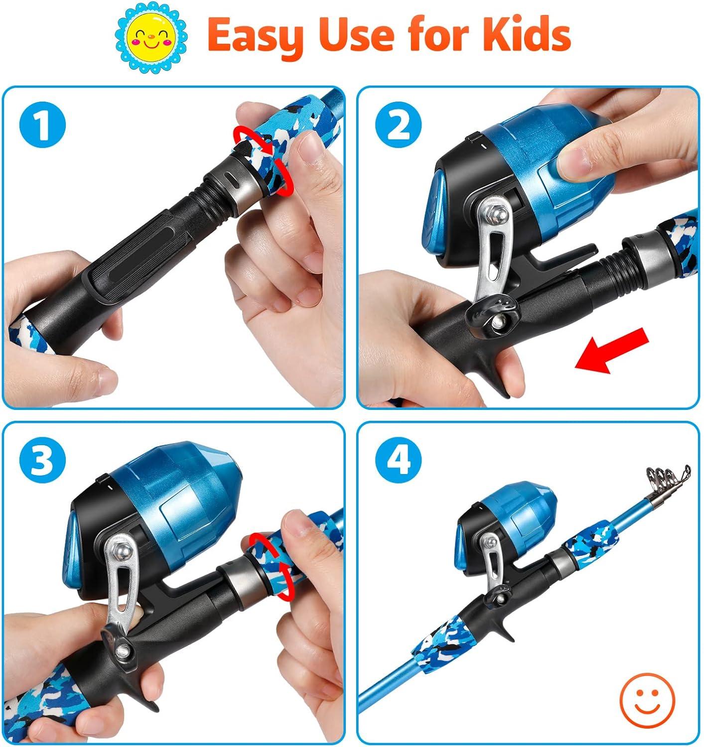 image:imagePLUSINNO Kids Fishing Pole with Spincast Reel Telescopic Fishing Rod Combo Full Kits for Boys Girls and AdultsBlue