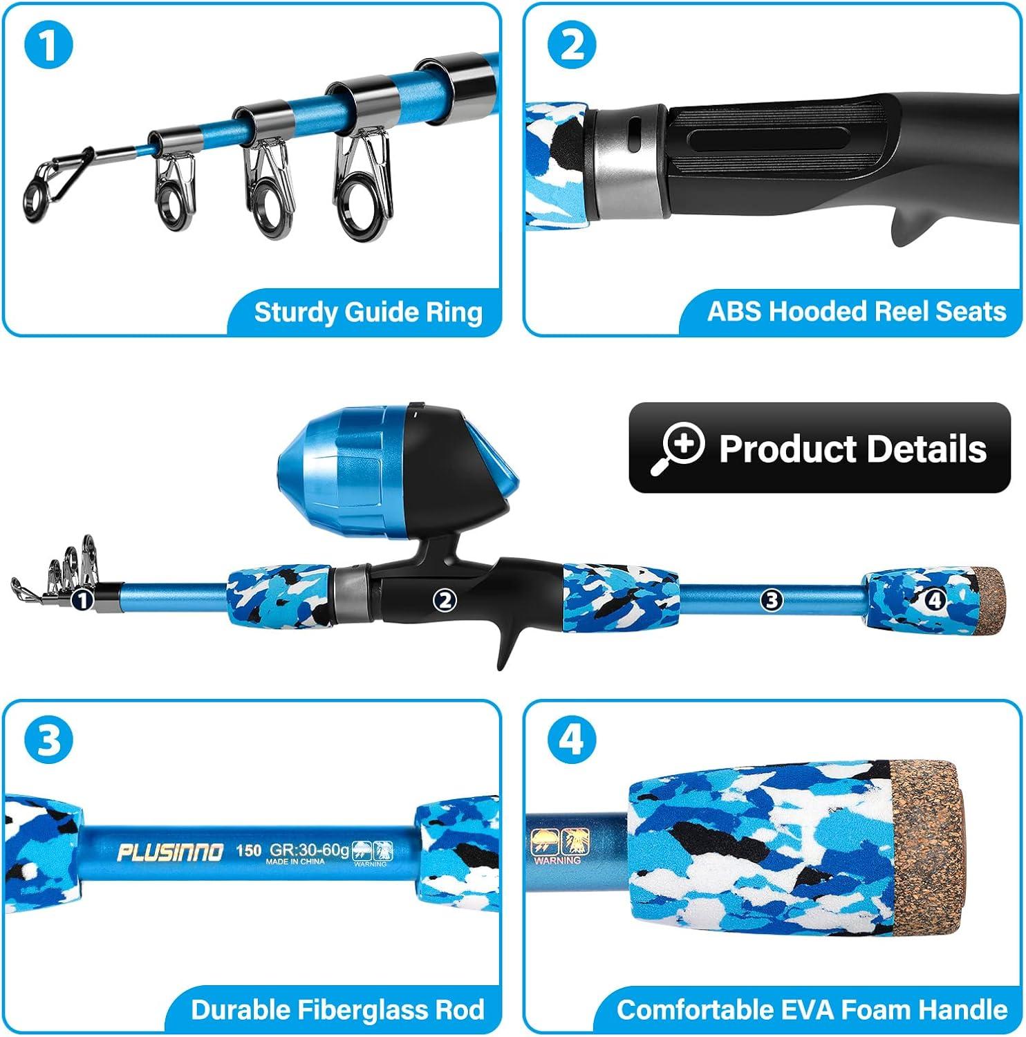 image:imagePLUSINNO Kids Fishing Pole with Spincast Reel Telescopic Fishing Rod Combo Full Kits for Boys Girls and AdultsBlue