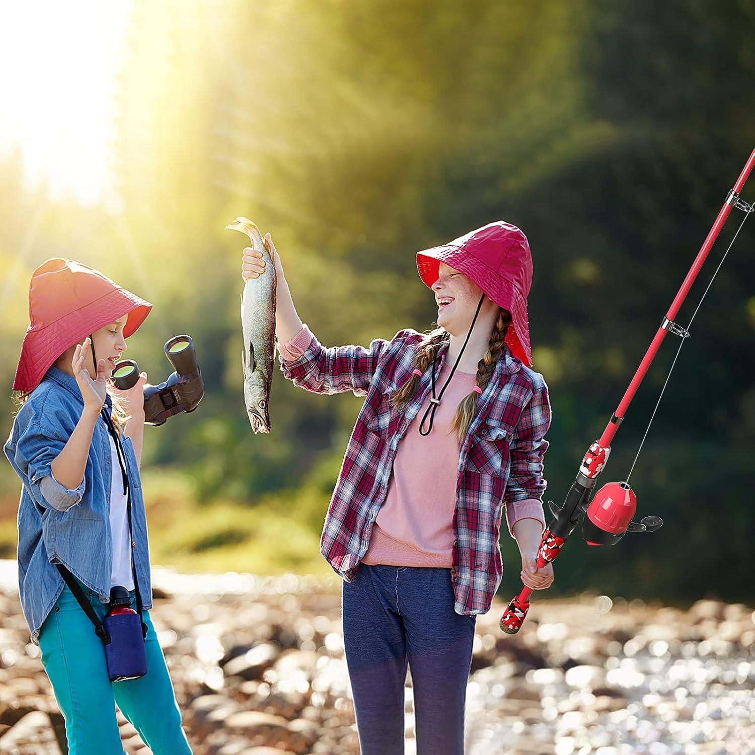 image:imagePLUSINNO Kids Fishing Pole with Spincast Reel Telescopic Fishing Rod Combo Full Kits for Boys Girls and AdultsRed