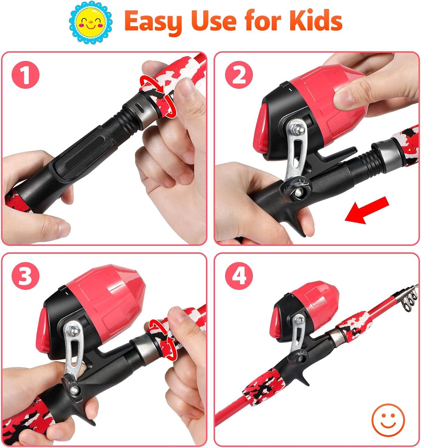 image:imagePLUSINNO Kids Fishing Pole with Spincast Reel Telescopic Fishing Rod Combo Full Kits for Boys Girls and AdultsRed