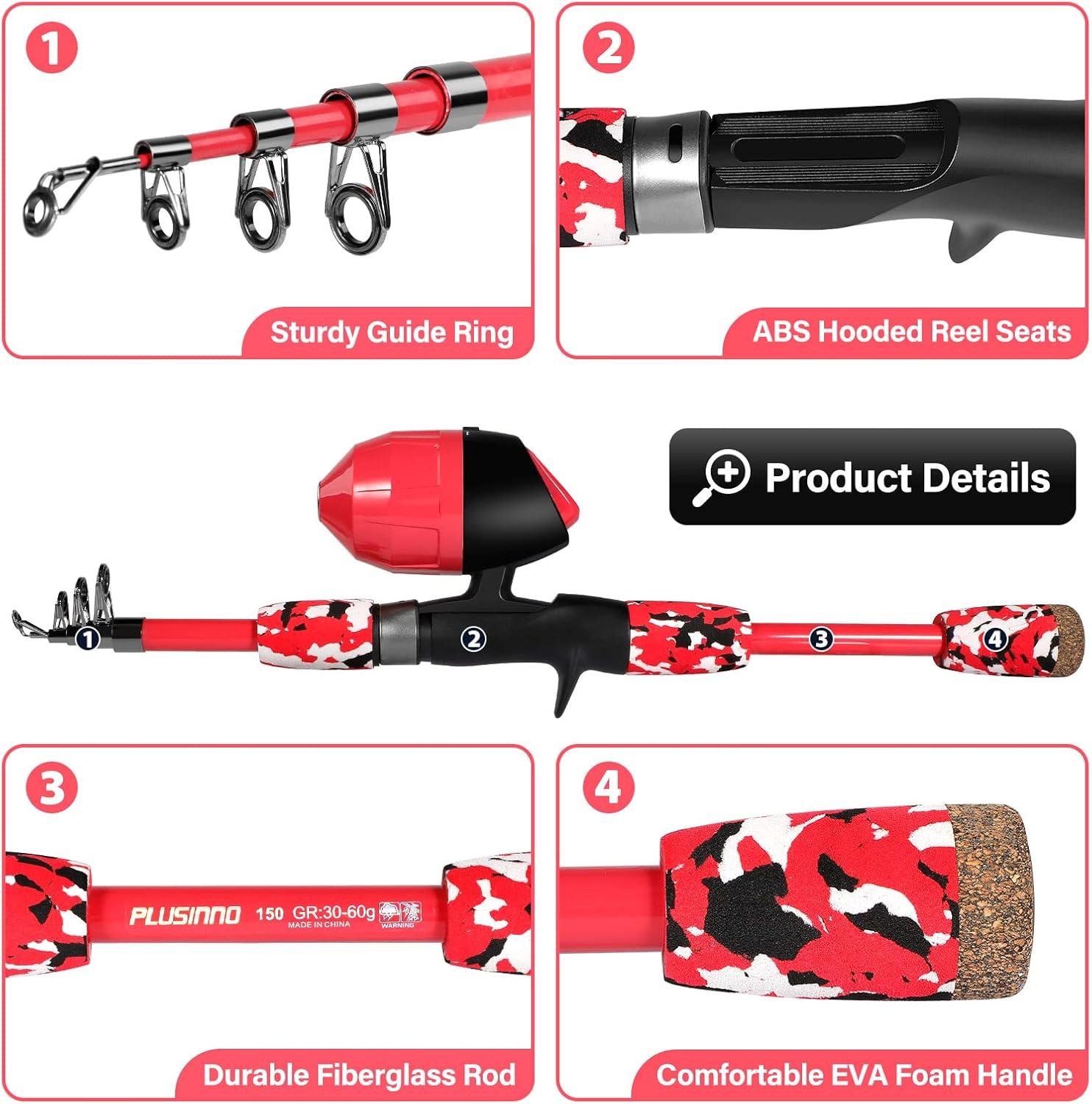 image:imagePLUSINNO Kids Fishing Pole with Spincast Reel Telescopic Fishing Rod Combo Full Kits for Boys Girls and AdultsRed