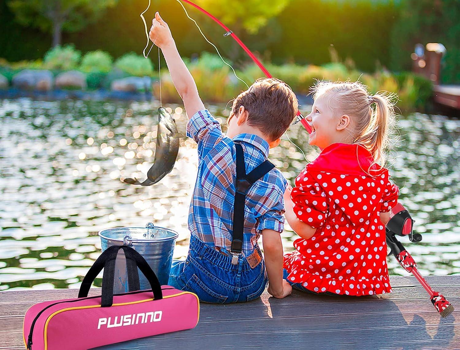 image:imagePLUSINNO Kids Fishing Pole with Spincast Reel Telescopic Fishing Rod Combo Full Kits for Boys Girls and AdultsRed