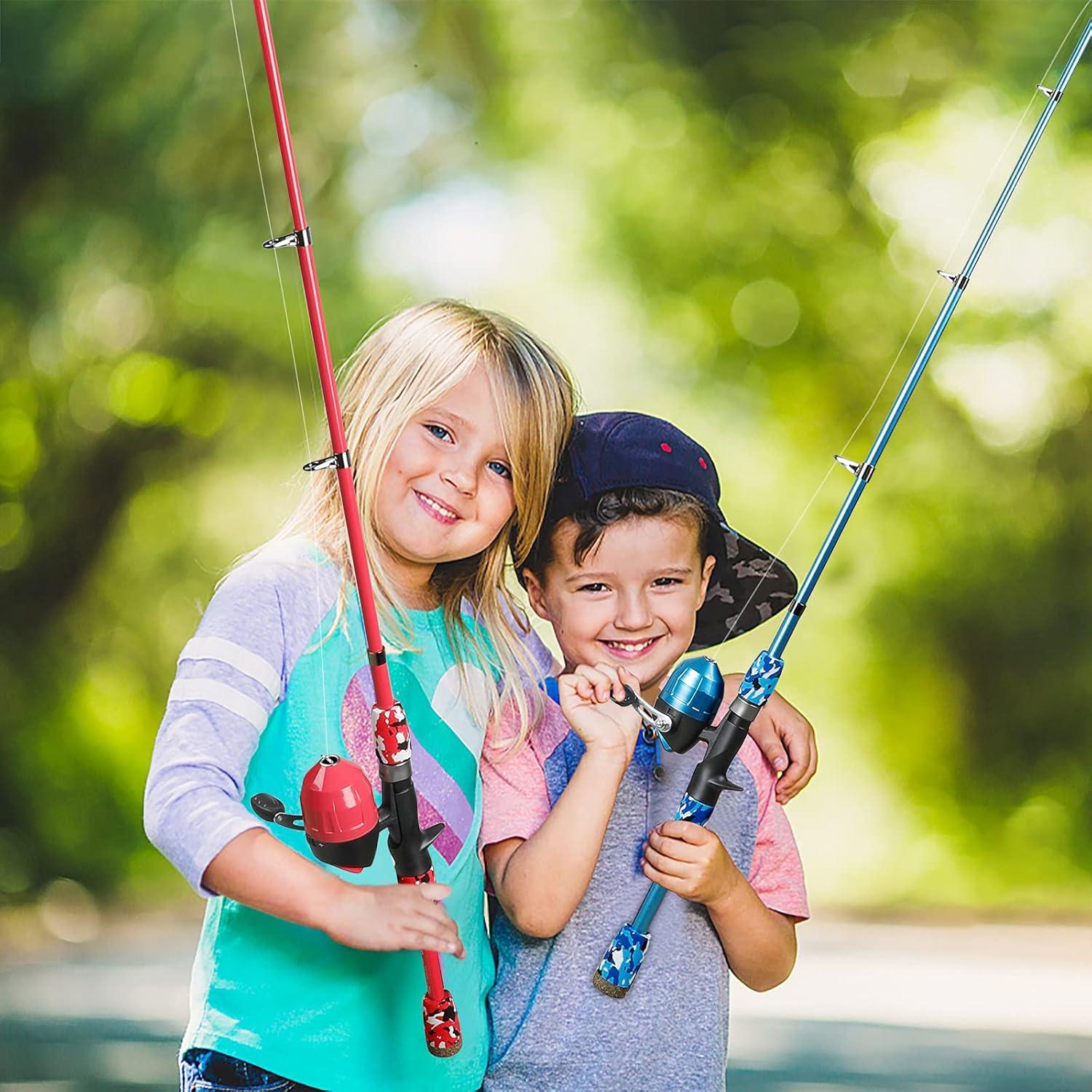 image:imagePLUSINNO Kids Fishing Pole with Spincast Reel Telescopic Fishing Rod Combo Full Kits for Boys Girls and AdultsRed