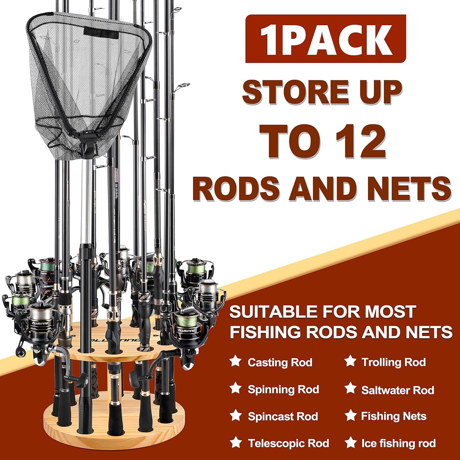 image:imagePLUSINNO V12 Fishing Rod Holders for Garage Vertical Fishing Pole Holders Wooden Round Storage Floor Stand Fishing RodPole Rack1PACK store 12 rods or combos