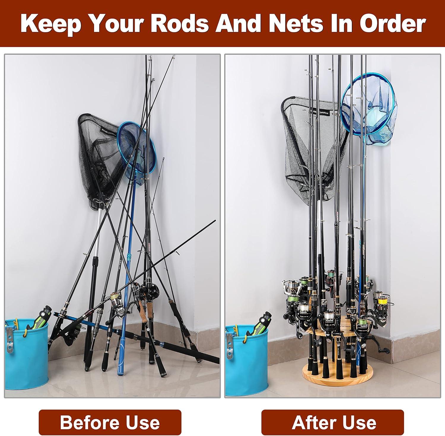 image:imagePLUSINNO V12 Fishing Rod Holders for Garage Vertical Fishing Pole Holders Wooden Round Storage Floor Stand Fishing RodPole Rack2pack Store 24 Rods Or Combos