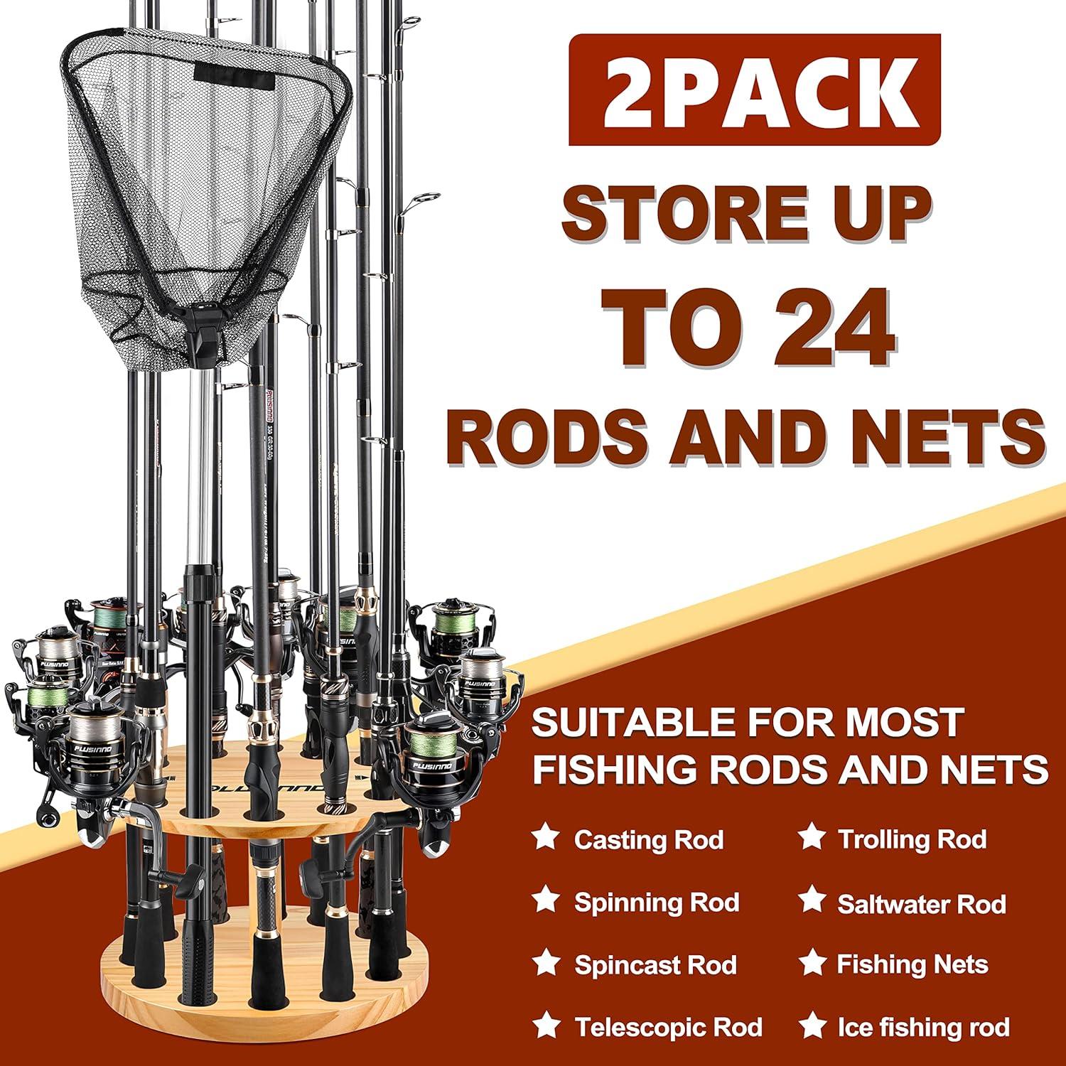 image:imagePLUSINNO V12 Fishing Rod Holders for Garage Vertical Fishing Pole Holders Wooden Round Storage Floor Stand Fishing RodPole Rack2pack Store 24 Rods Or Combos