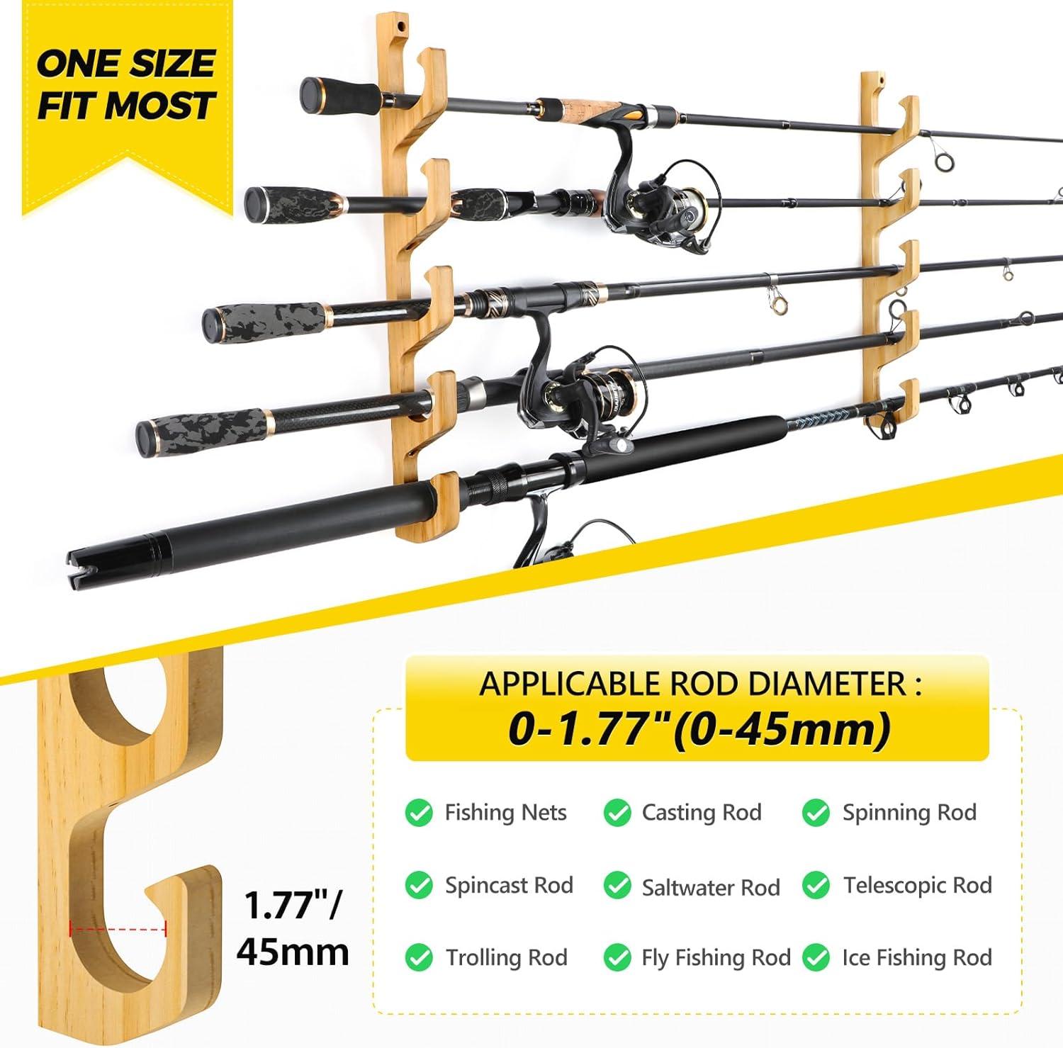 image:imagePLUSINNO WH5 Horizontal Fishing RodPole Holders for Garage Wall or Ceiling Mounted Rack Solid Wood Fishing Rod Holder Holds up to 51020 Rods or Combos Fishing Gear Gifts for Men1packstore 5 fishing rods or combos