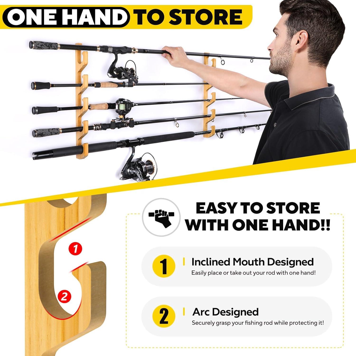 image:imagePLUSINNO WH5 Horizontal Fishing RodPole Holders for Garage Wall or Ceiling Mounted Rack Solid Wood Fishing Rod Holder Holds up to 51020 Rods or Combos Fishing Gear Gifts for Men1packstore 5 fishing rods or combos