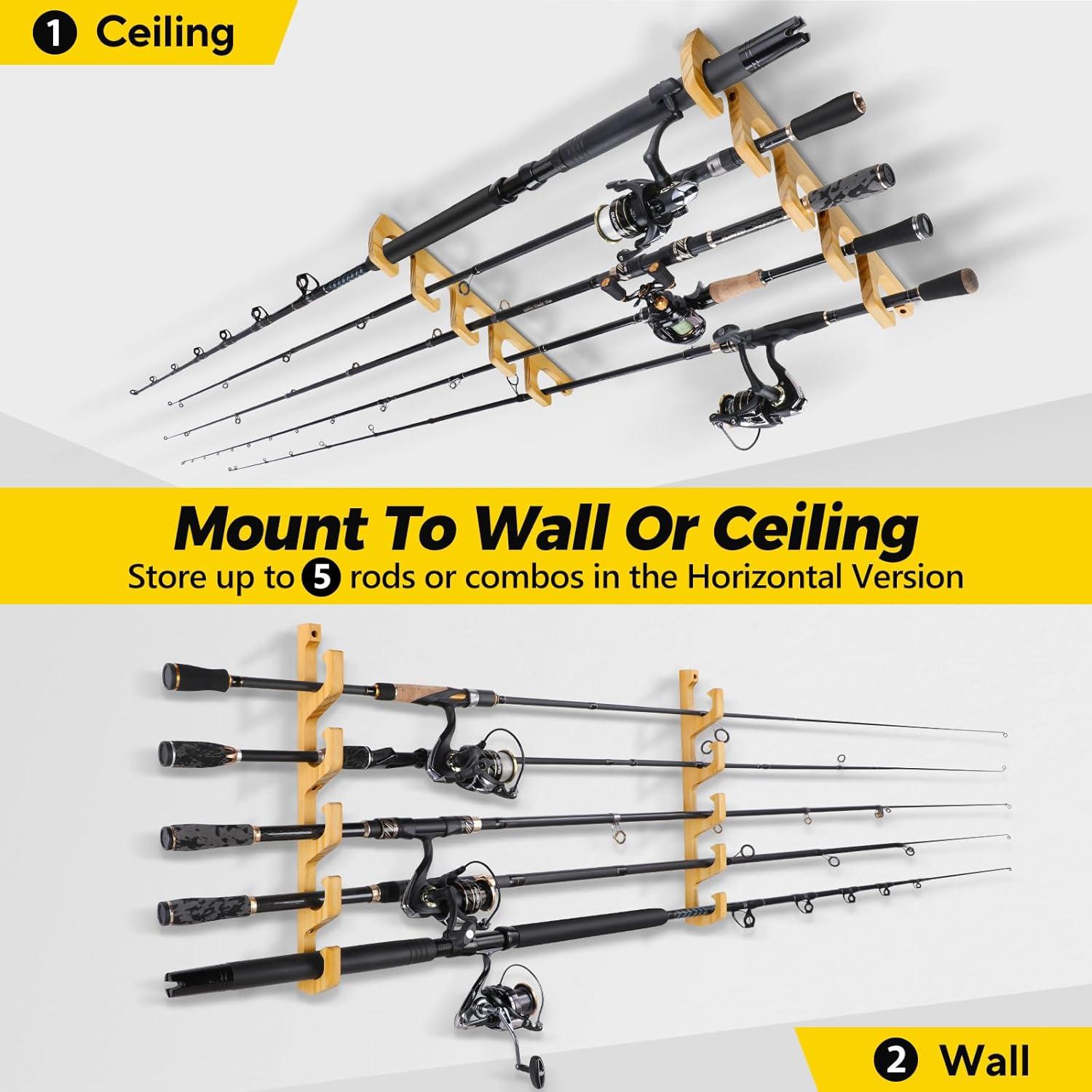 image:imagePLUSINNO WH5 Horizontal Fishing RodPole Holders for Garage Wall or Ceiling Mounted Rack Solid Wood Fishing Rod Holder Holds up to 51020 Rods or Combos Fishing Gear Gifts for Men1packstore 5 fishing rods or combos