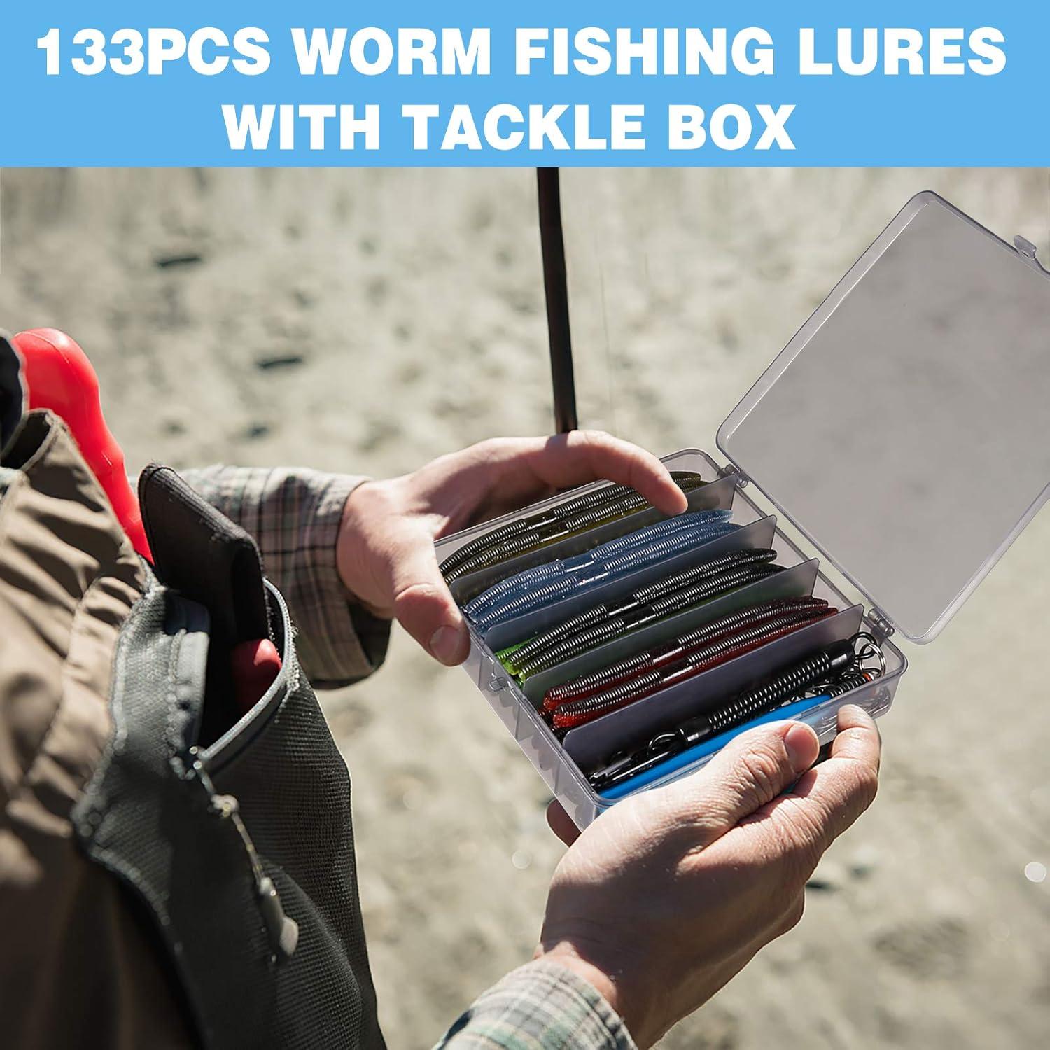 image:imagePLUSINNO Wacky Worm Fishing Lure Kit Soft Plastic Fishing Lures Grub Baits Hook Wacky Rig Bass Trout Fishing Worms Lures wTackle Box133PCS 55 Wacky Worm Fishing Lure Kit