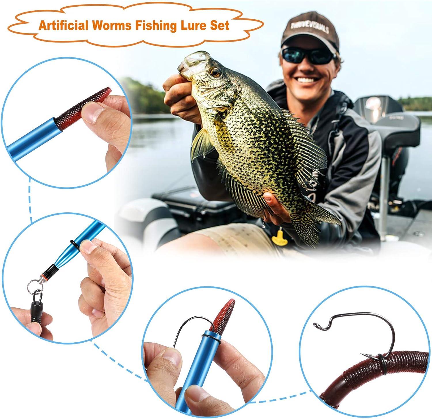 image:imagePLUSINNO Wacky Worm Fishing Lure Kit Soft Plastic Fishing Lures Grub Baits Hook Wacky Rig Bass Trout Fishing Worms Lures wTackle Box133PCS 55 Wacky Worm Fishing Lure Kit