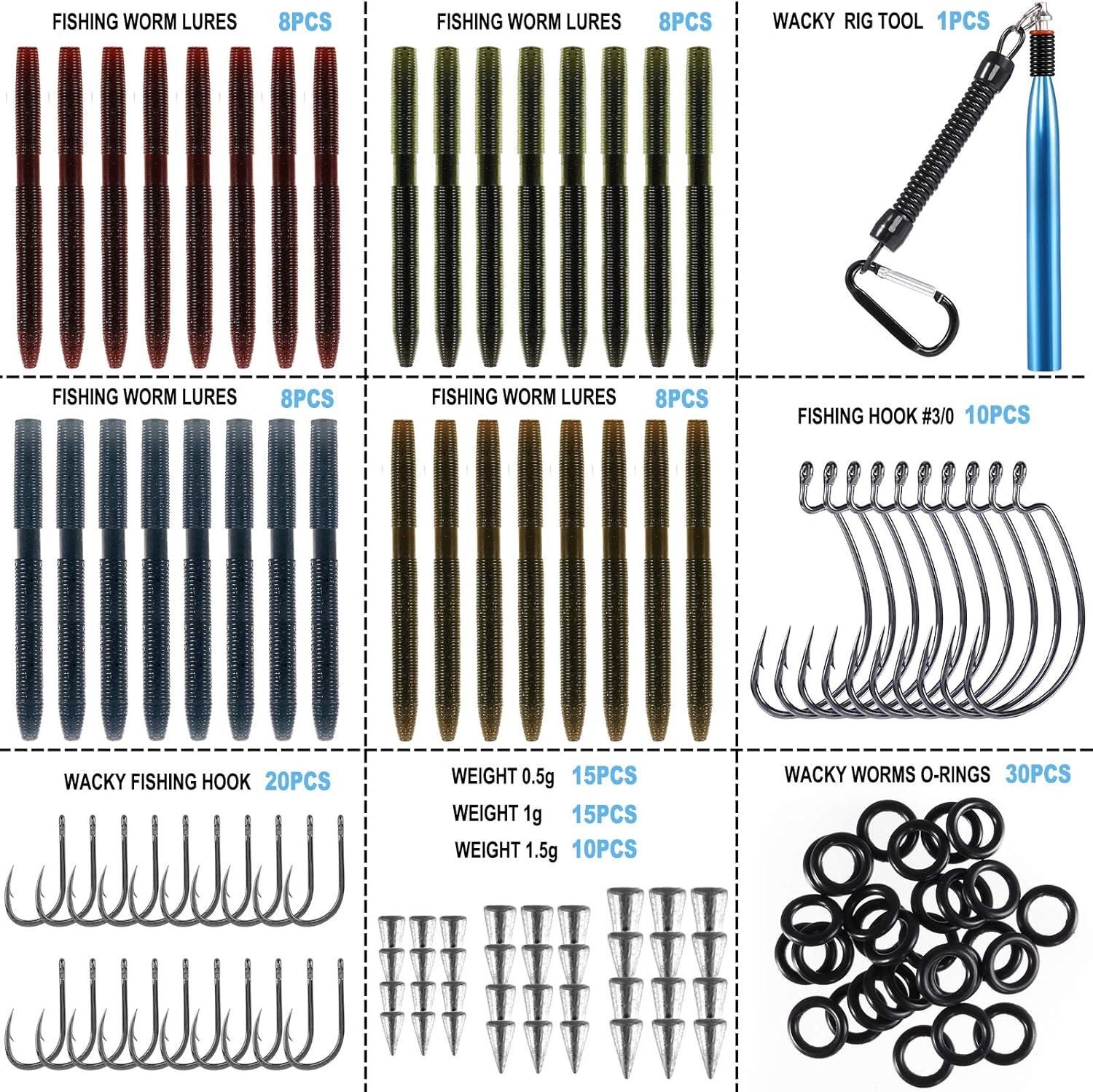 image:imagePLUSINNO Wacky Worm Fishing Lure Kit Soft Plastic Fishing Lures Grub Baits Hook Wacky Rig Bass Trout Fishing Worms Lures wTackle Box133PCS 55 Wacky Worm Fishing Lure Kit