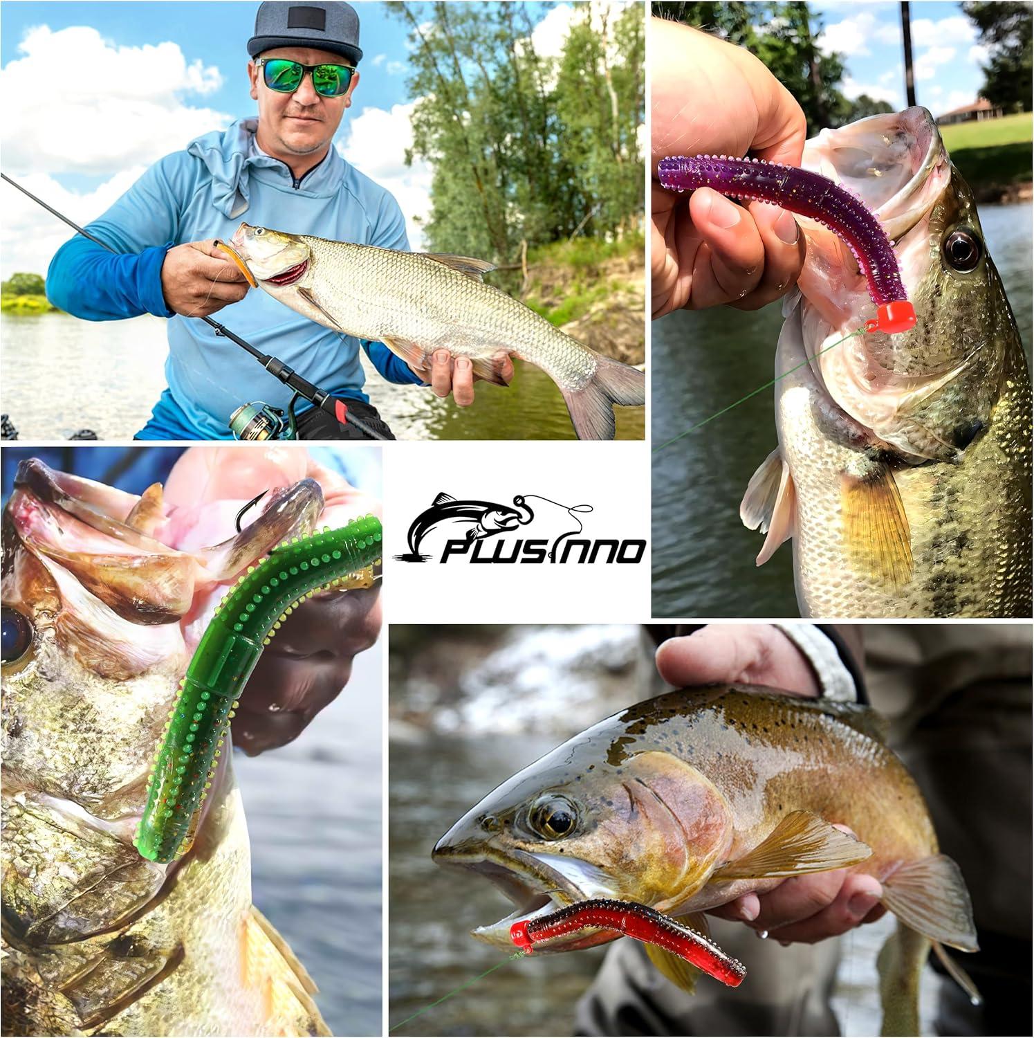 image:imagePLUSINNO Wacky Worm Fishing Lure Kit Soft Plastic Fishing Lures Grub Baits Hook Wacky Rig Bass Trout Fishing Worms Lures wTackle Box44PCS Stick Worms Ned Rig Kit