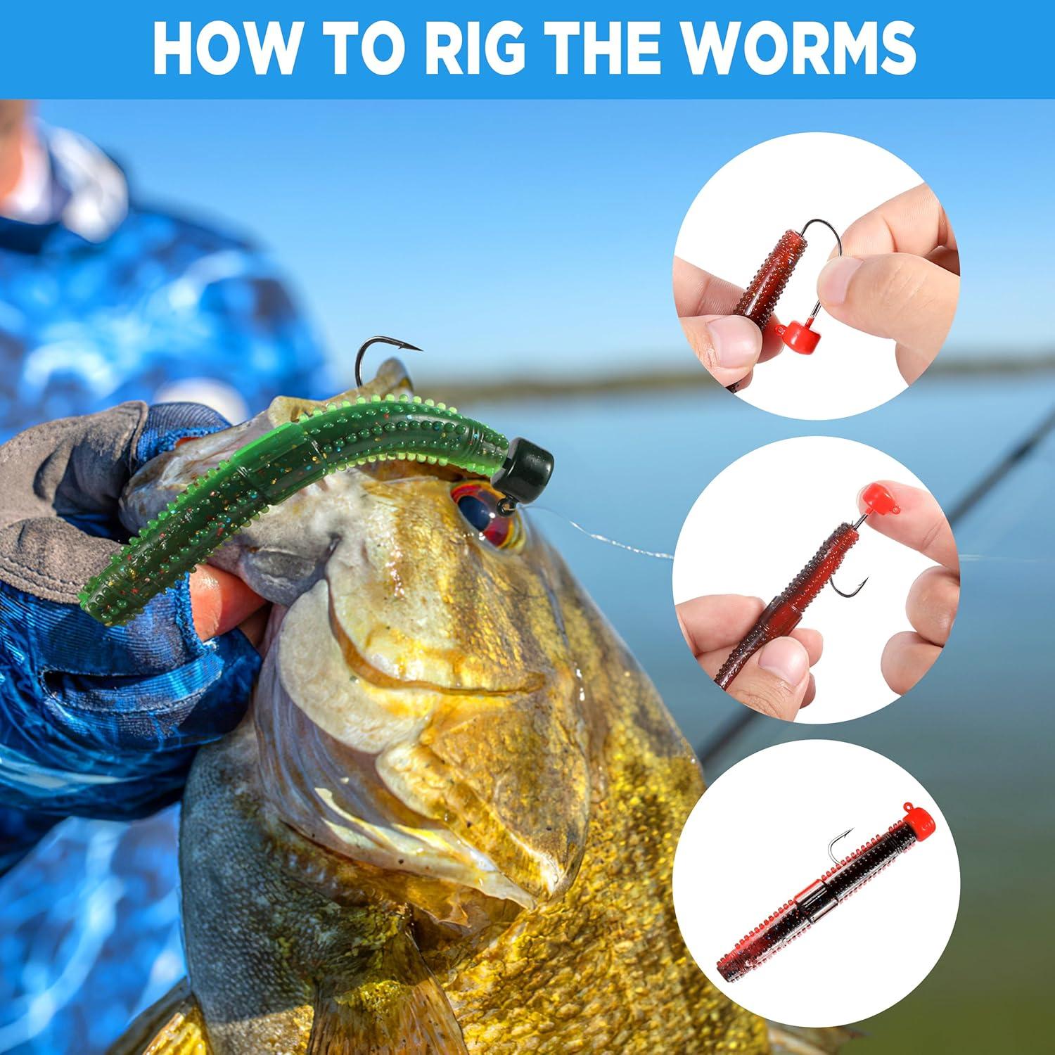 image:imagePLUSINNO Wacky Worm Fishing Lure Kit Soft Plastic Fishing Lures Grub Baits Hook Wacky Rig Bass Trout Fishing Worms Lures wTackle Box44PCS Stick Worms Ned Rig Kit