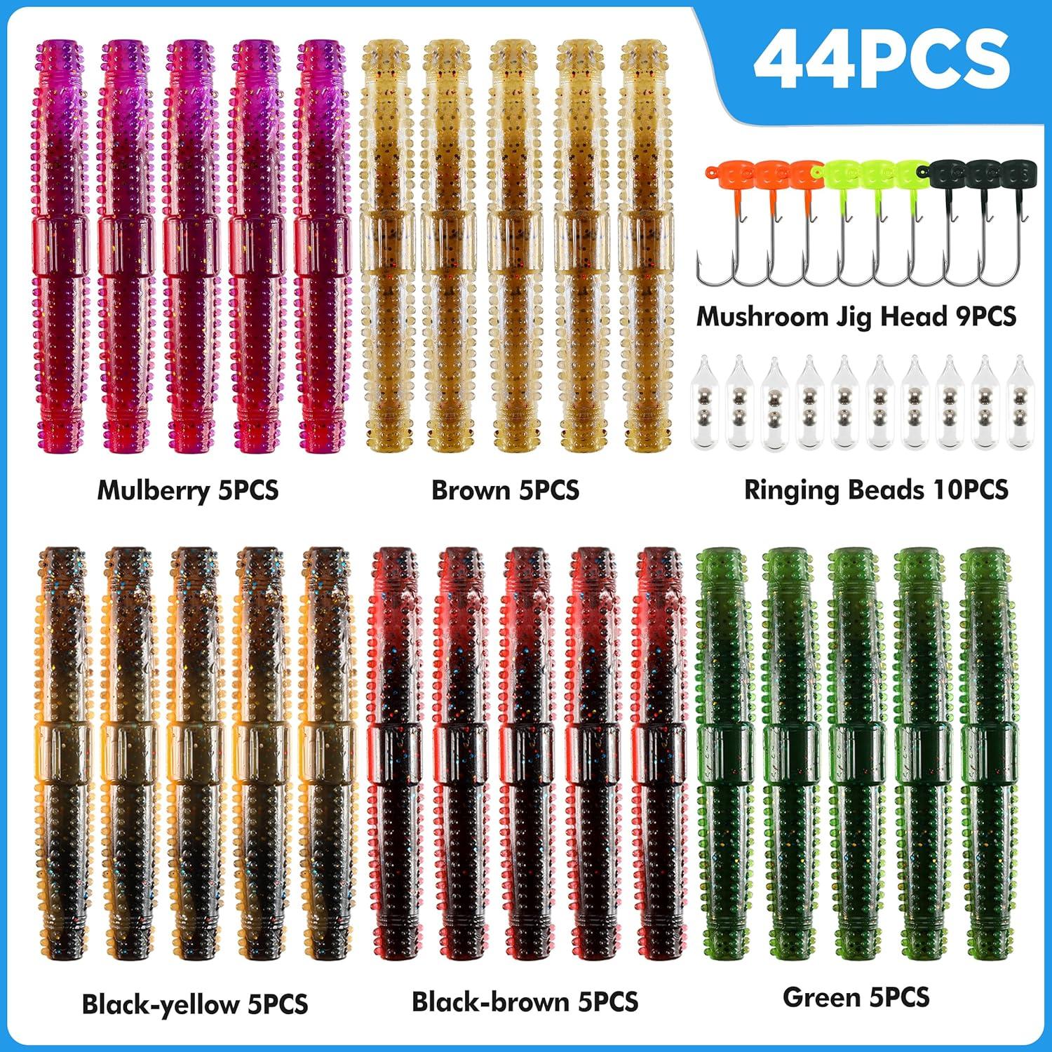 image:imagePLUSINNO Wacky Worm Fishing Lure Kit Soft Plastic Fishing Lures Grub Baits Hook Wacky Rig Bass Trout Fishing Worms Lures wTackle Box44PCS Stick Worms Ned Rig Kit
