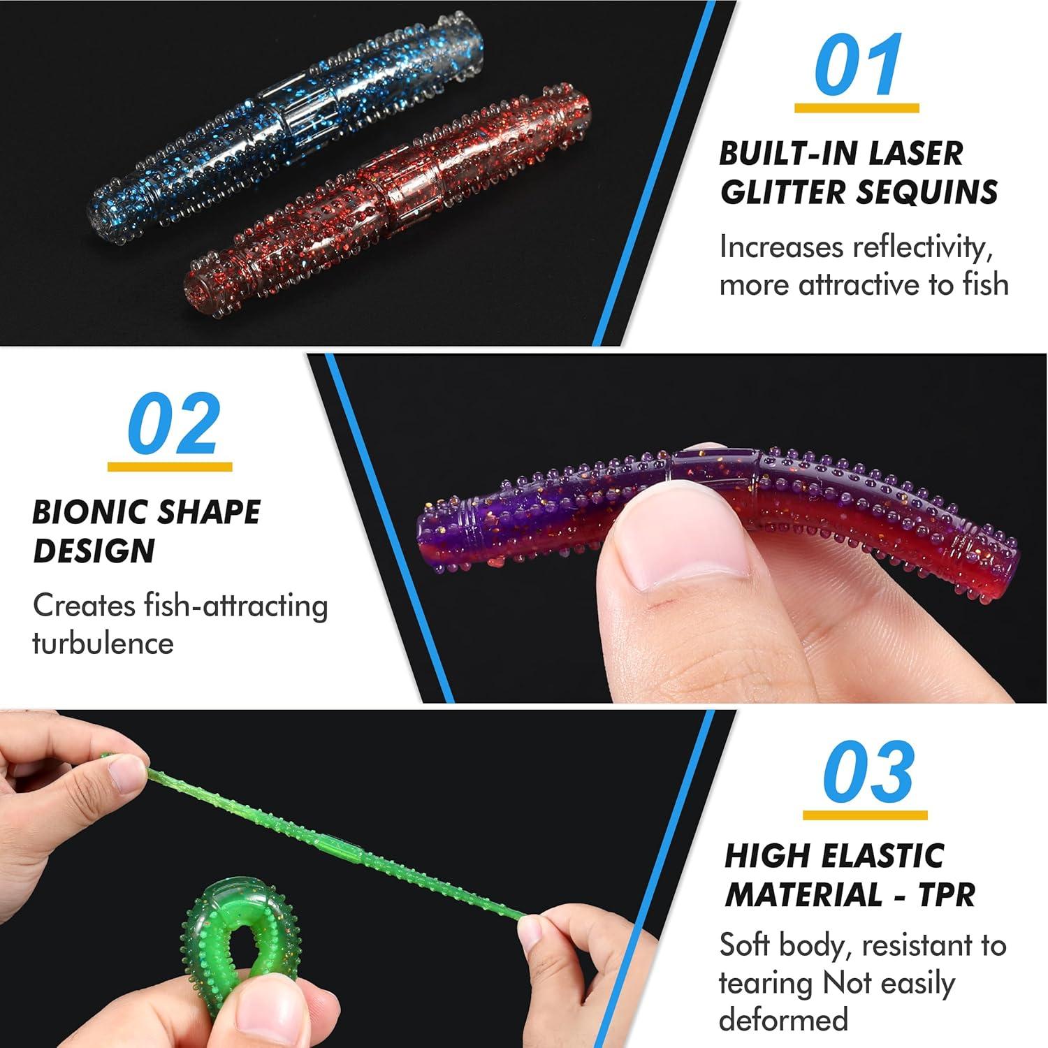 image:imagePLUSINNO Wacky Worm Fishing Lure Kit Soft Plastic Fishing Lures Grub Baits Hook Wacky Rig Bass Trout Fishing Worms Lures wTackle Box65PCS Stick Worms Ned Rig Kit
