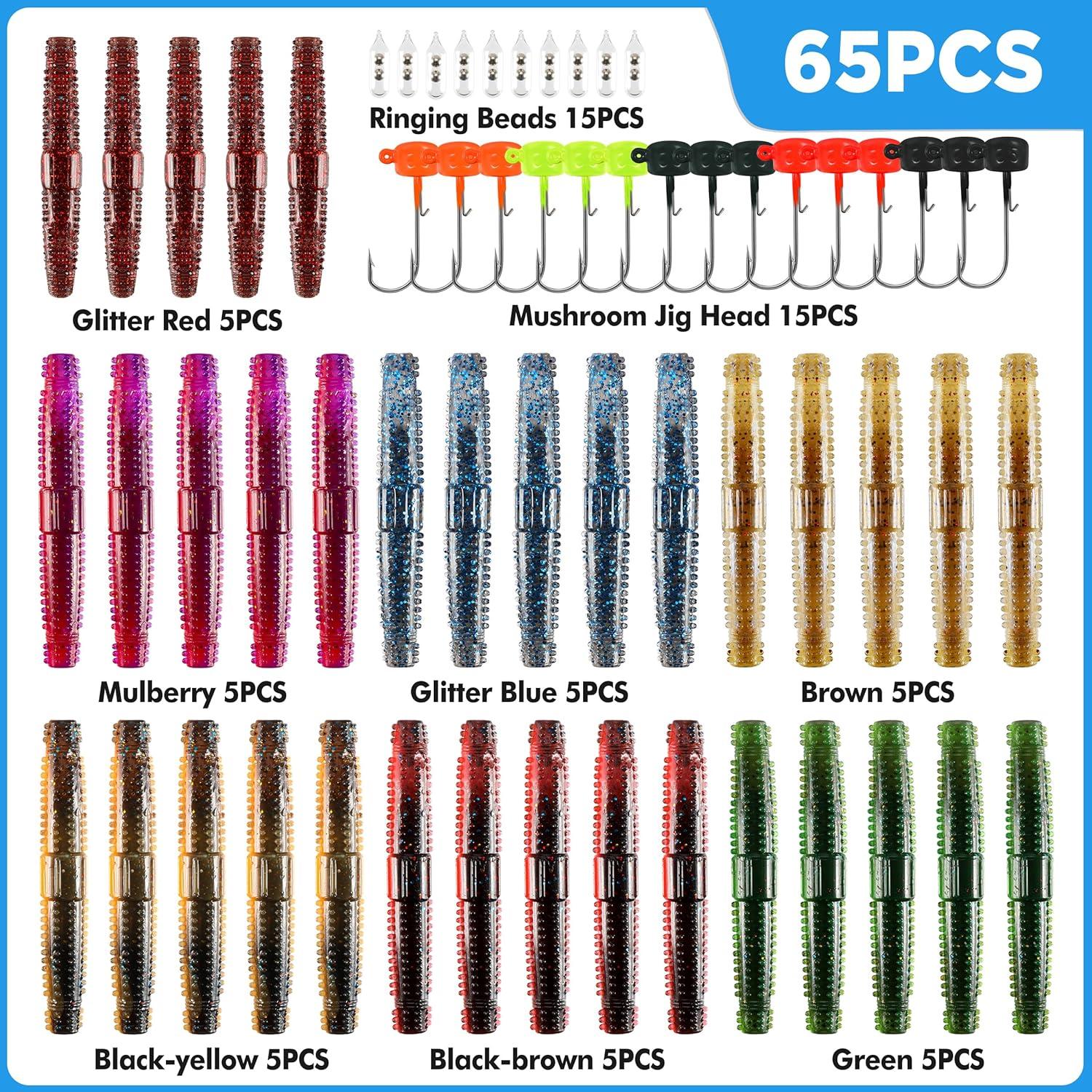 image:imagePLUSINNO Wacky Worm Fishing Lure Kit Soft Plastic Fishing Lures Grub Baits Hook Wacky Rig Bass Trout Fishing Worms Lures wTackle Box65PCS Stick Worms Ned Rig Kit