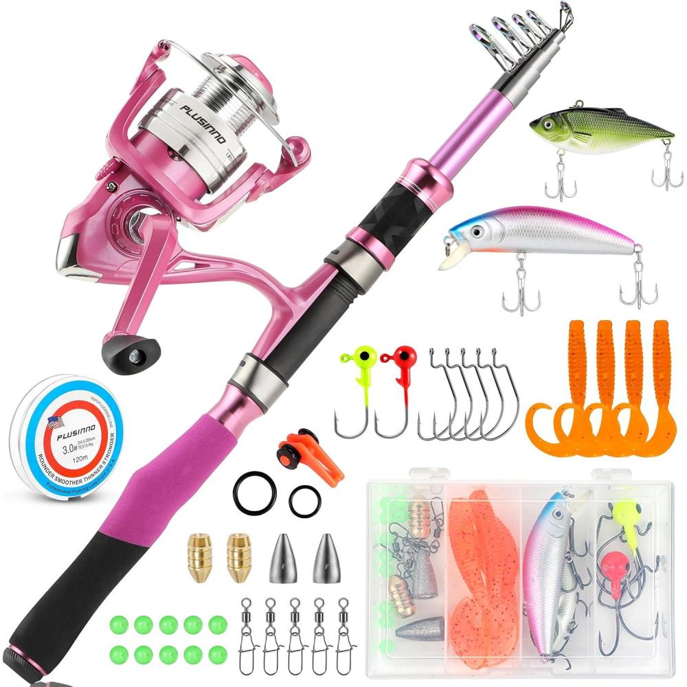 image:imageFishing Rod and Reel Combos Fishing Gear Gifts for Women with Spinning Reel Lures Line Pink Ladies Telescopic Pole Kit Designed for Girls Adults by PLUSINNOPink