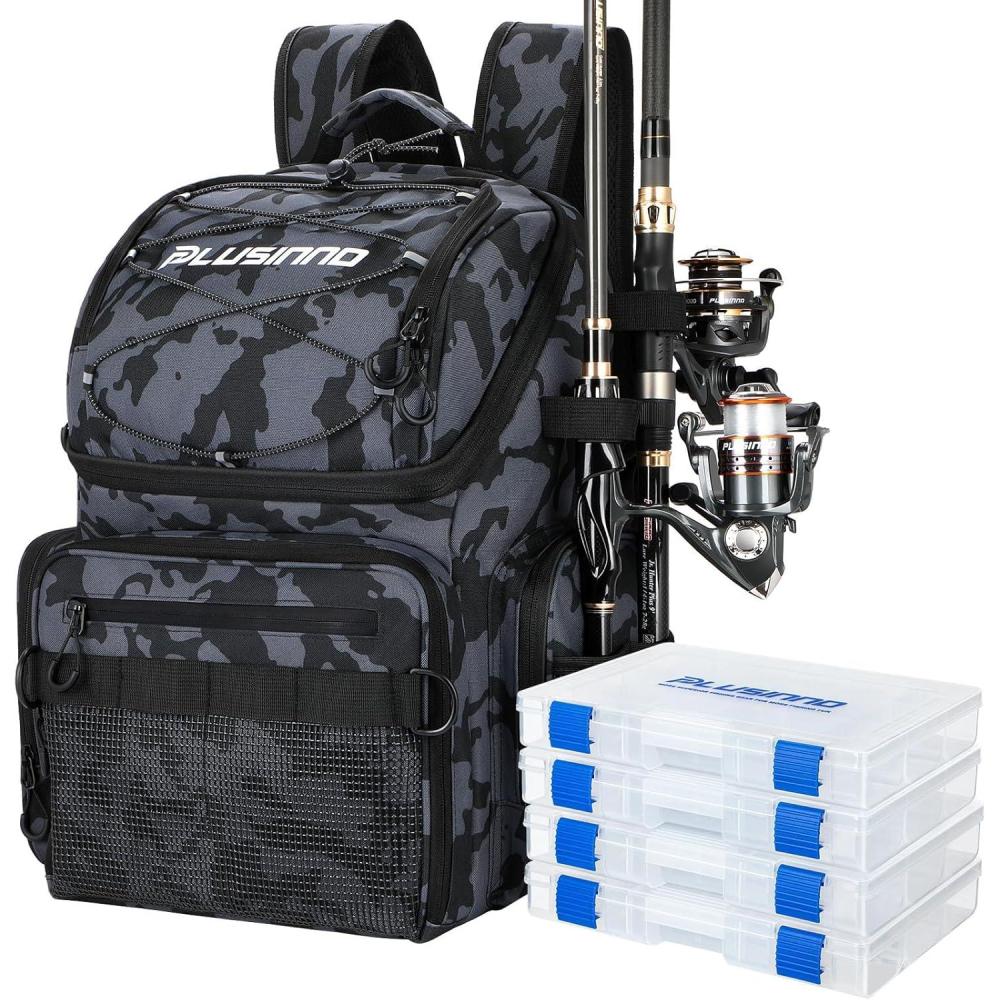 image:imagePLUSINNO Cooler Fishing Backpack with Rod Holders 45L Large Waterresistant Fishing Tackle bag Store Fishing Gear Fishing Gifts for Men Father Sport BagsBlack Camo with box