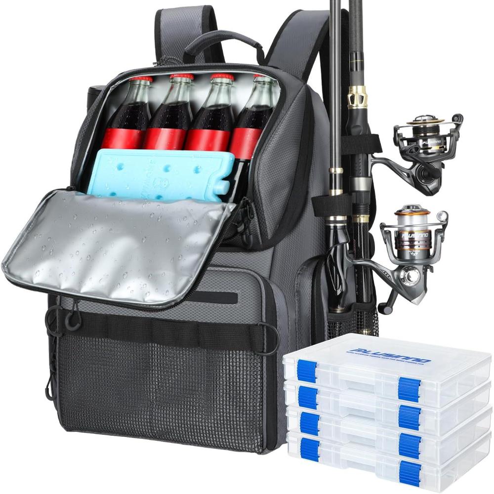 image:imagePLUSINNO Cooler Fishing Backpack with Rod Holders 45L Large Waterresistant Fishing Tackle bag Store Fishing Gear Fishing Gifts for Men Father Sport BagsGrey jacquard with box