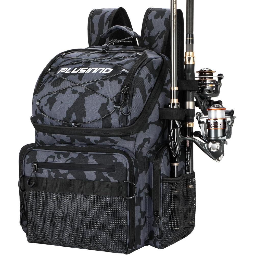 image:imagePLUSINNO Cooler Fishing Backpack with Rod Holders 45L Large Waterresistant Fishing Tackle bag Store Fishing Gear Fishing Gifts for Men Father Sport BagsBlack Camo