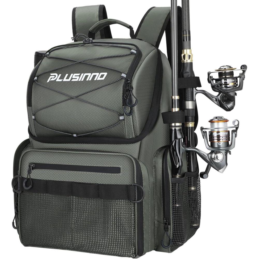 image:imagePLUSINNO Cooler Fishing Backpack with Rod Holders 45L Large Waterresistant Fishing Tackle bag Store Fishing Gear Fishing Gifts for Men Father Sport BagsGrey jacquard