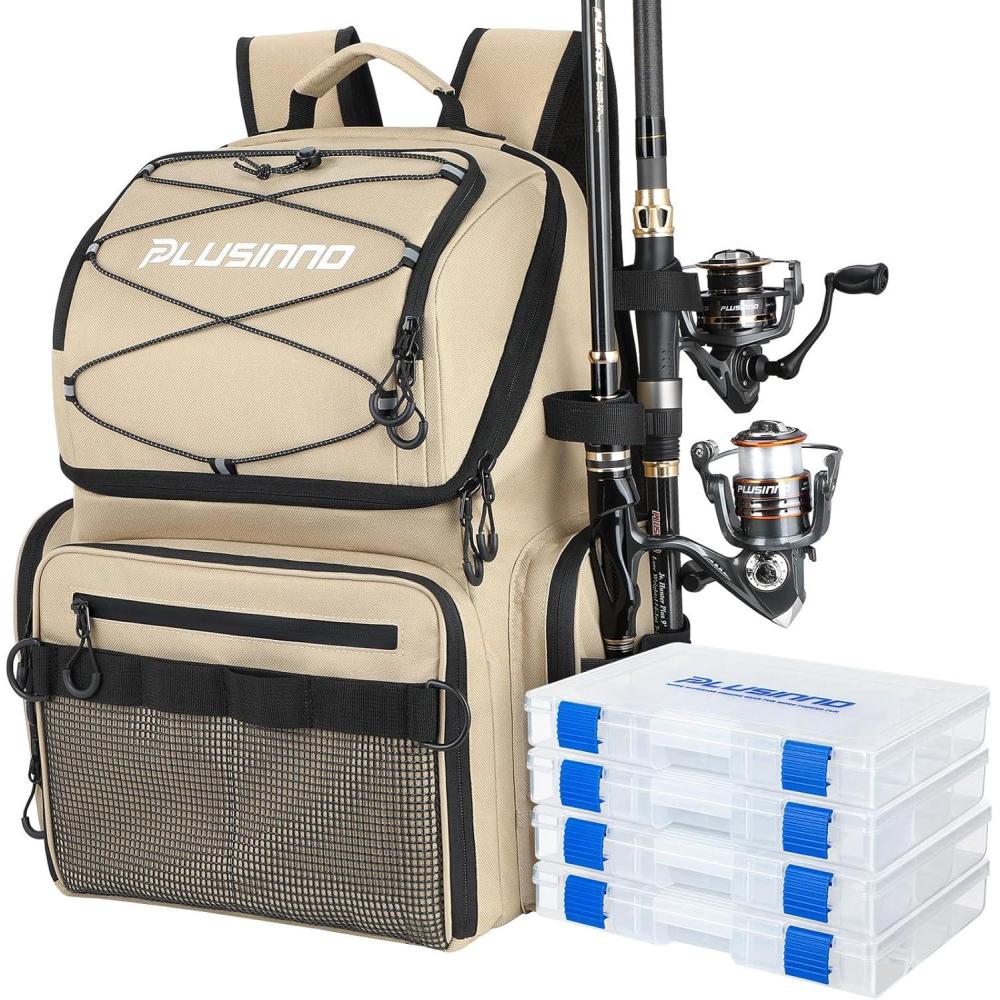 image:imagePLUSINNO Cooler Fishing Backpack with Rod Holders 45L Large Waterresistant Fishing Tackle bag Store Fishing Gear Fishing Gifts for Men Father Sport BagsKhaki with box