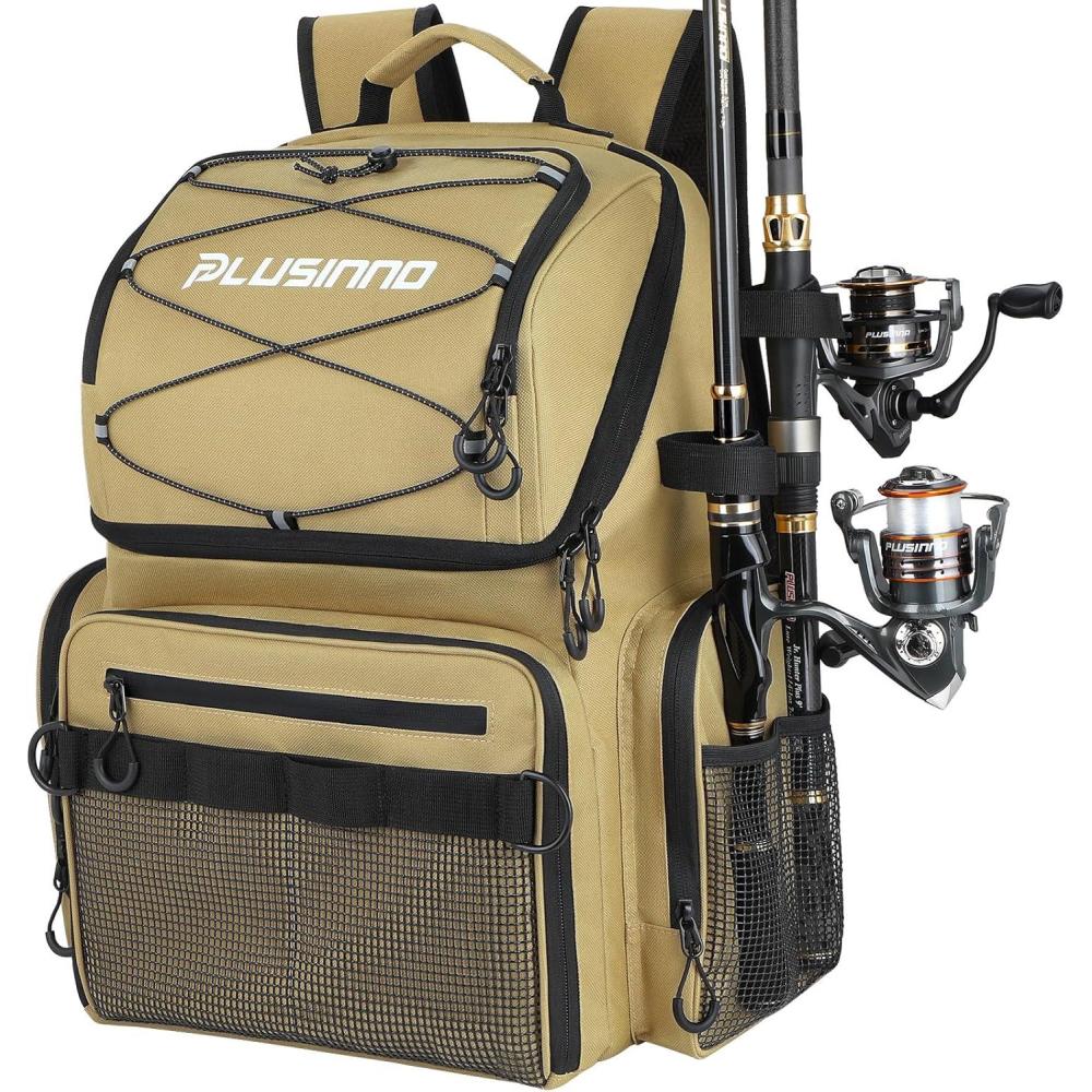 image:imagePLUSINNO Cooler Fishing Backpack with Rod Holders 45L Large Waterresistant Fishing Tackle bag Store Fishing Gear Fishing Gifts for Men Father Sport BagsKhaki