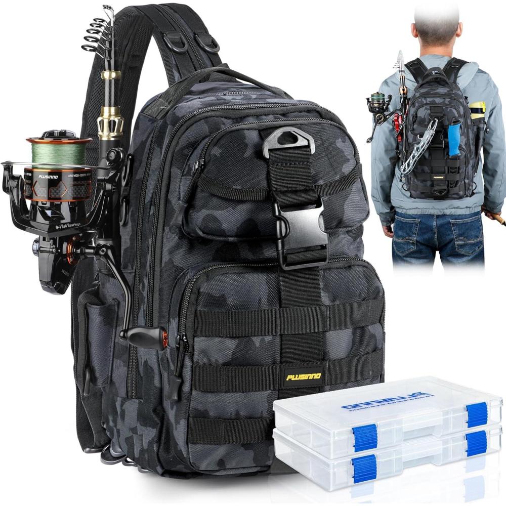 image:imagePLUSINNO Fishing Backpack with Fishing Rod and Reel Combos Tackle Boxes Waterproof Tackle Backpack for Fishing Gear with Rod Holder Fishing Gifts for Men with Fishing Tool KitBlack Bag With 2 Boxes No Rod