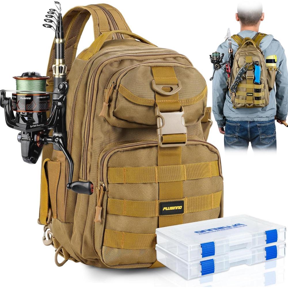 image:imagePLUSINNO Fishing Backpack with Fishing Rod and Reel Combos Tackle Boxes Waterproof Tackle Backpack for Fishing Gear with Rod Holder Fishing Gifts for Men with Fishing Tool KitKhaki Backpack With 4 Boxes
